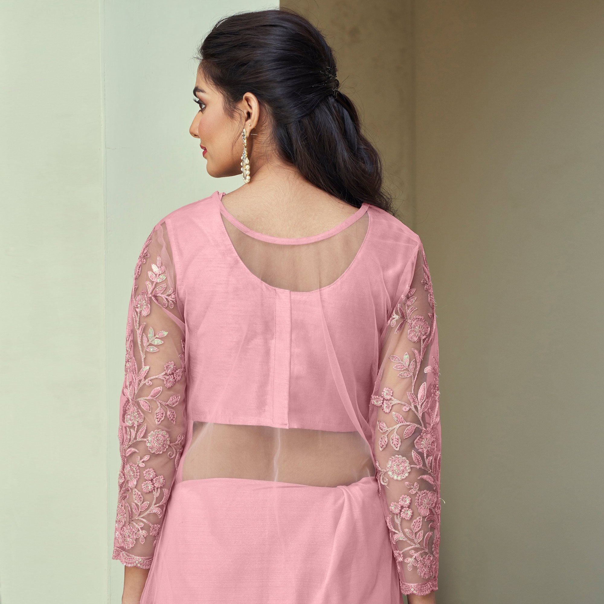 Peach Sequins Embroidered Georgette Saree