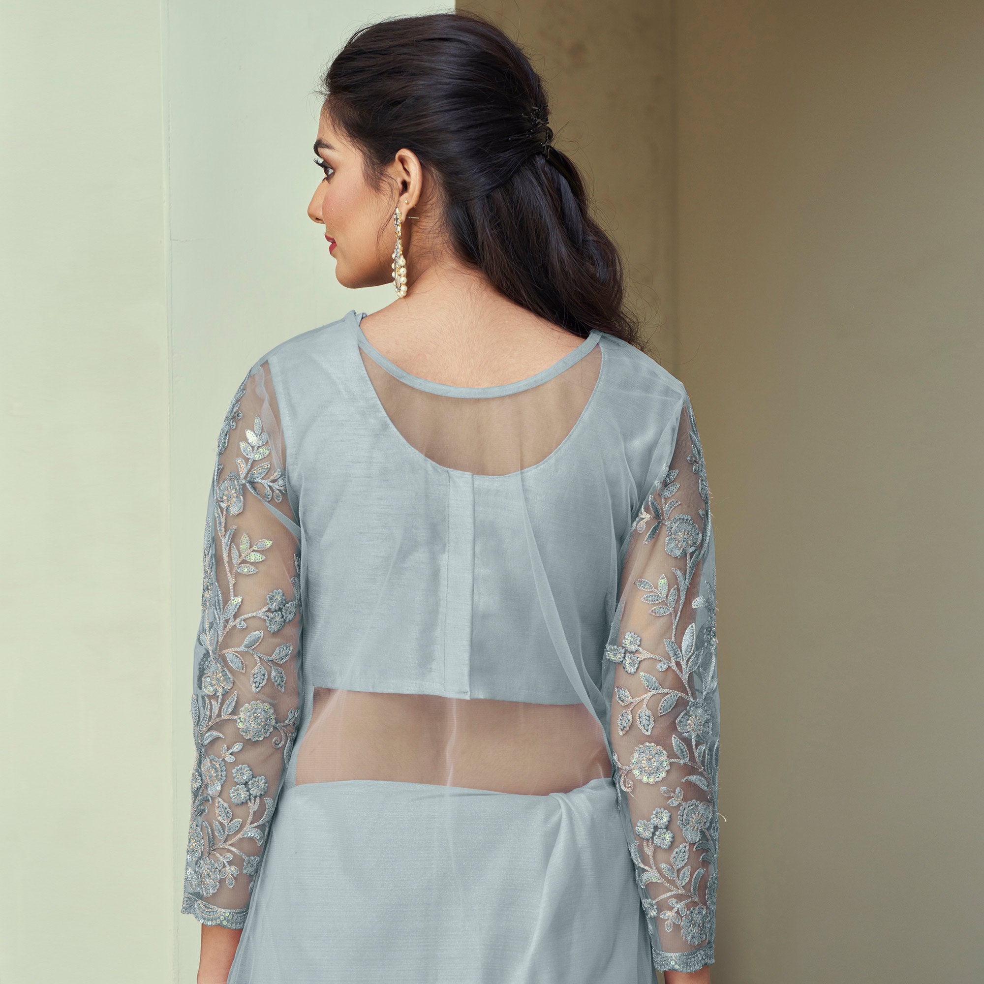 Grey Sequins Embroidered Georgette Saree