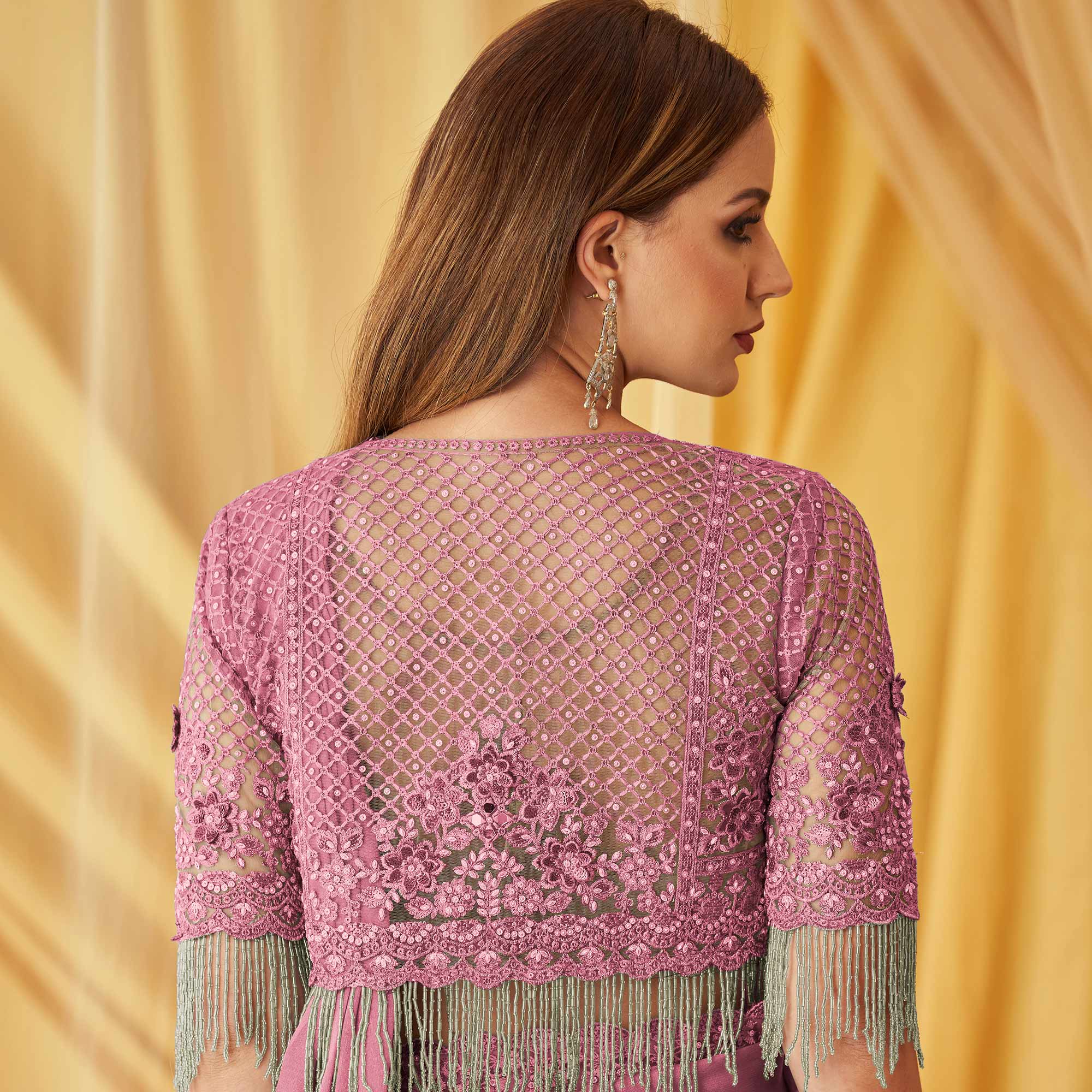 Pink Embroidered Satin Saree With Jacket