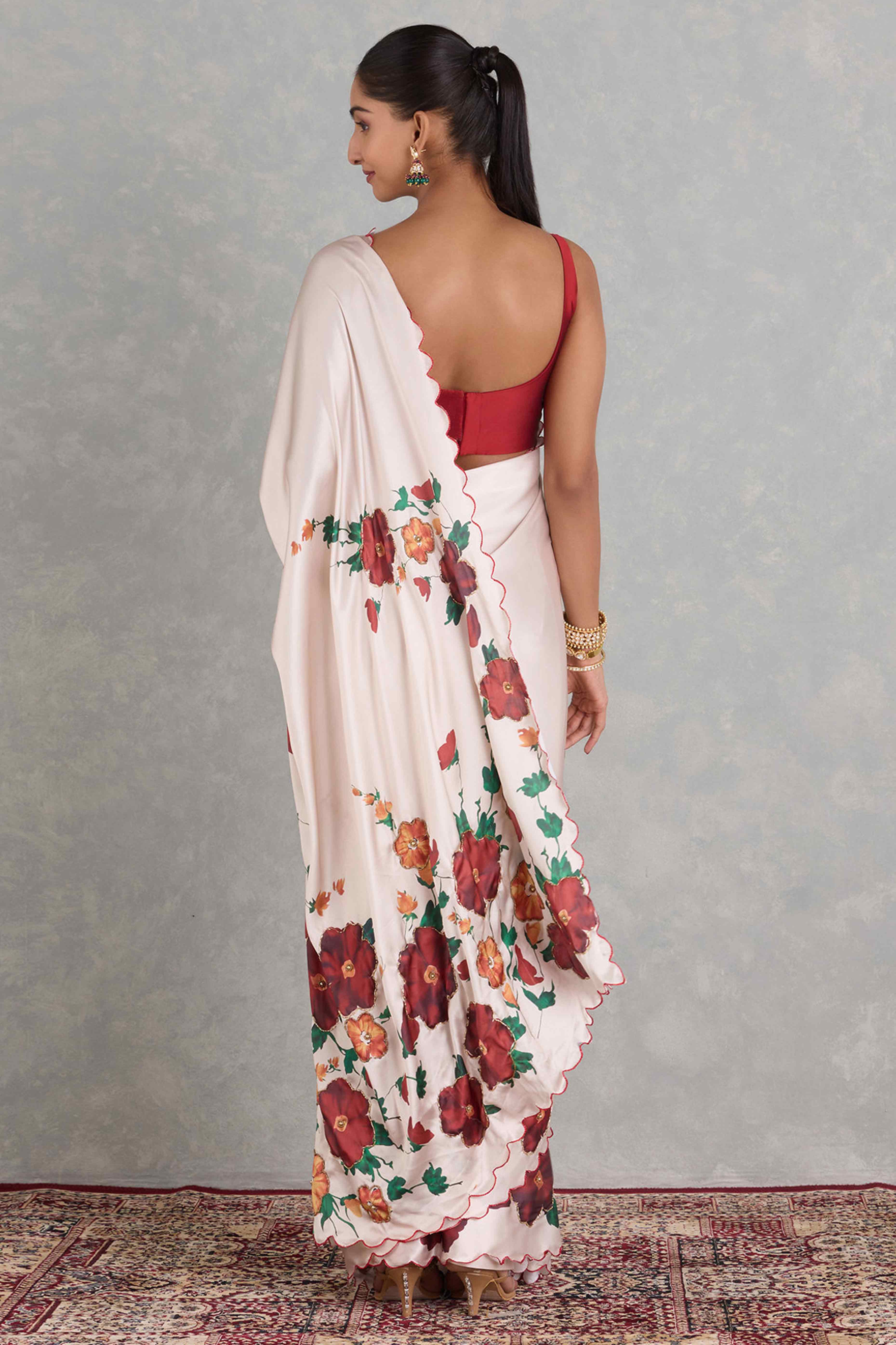 Off White Saree with Floral Prints on Soft Japan Satin