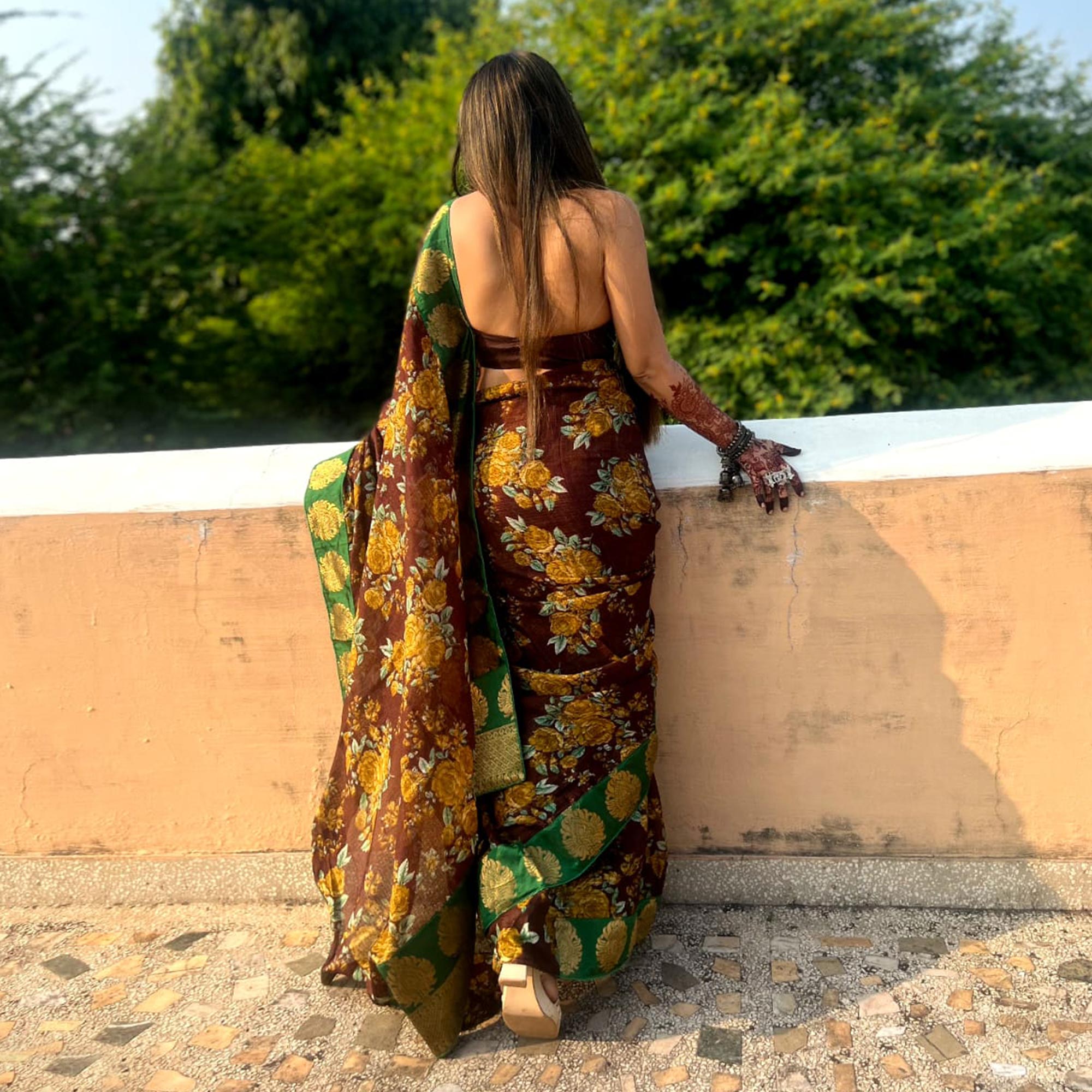 Brown Floral Printed Manipuri Silk Saree