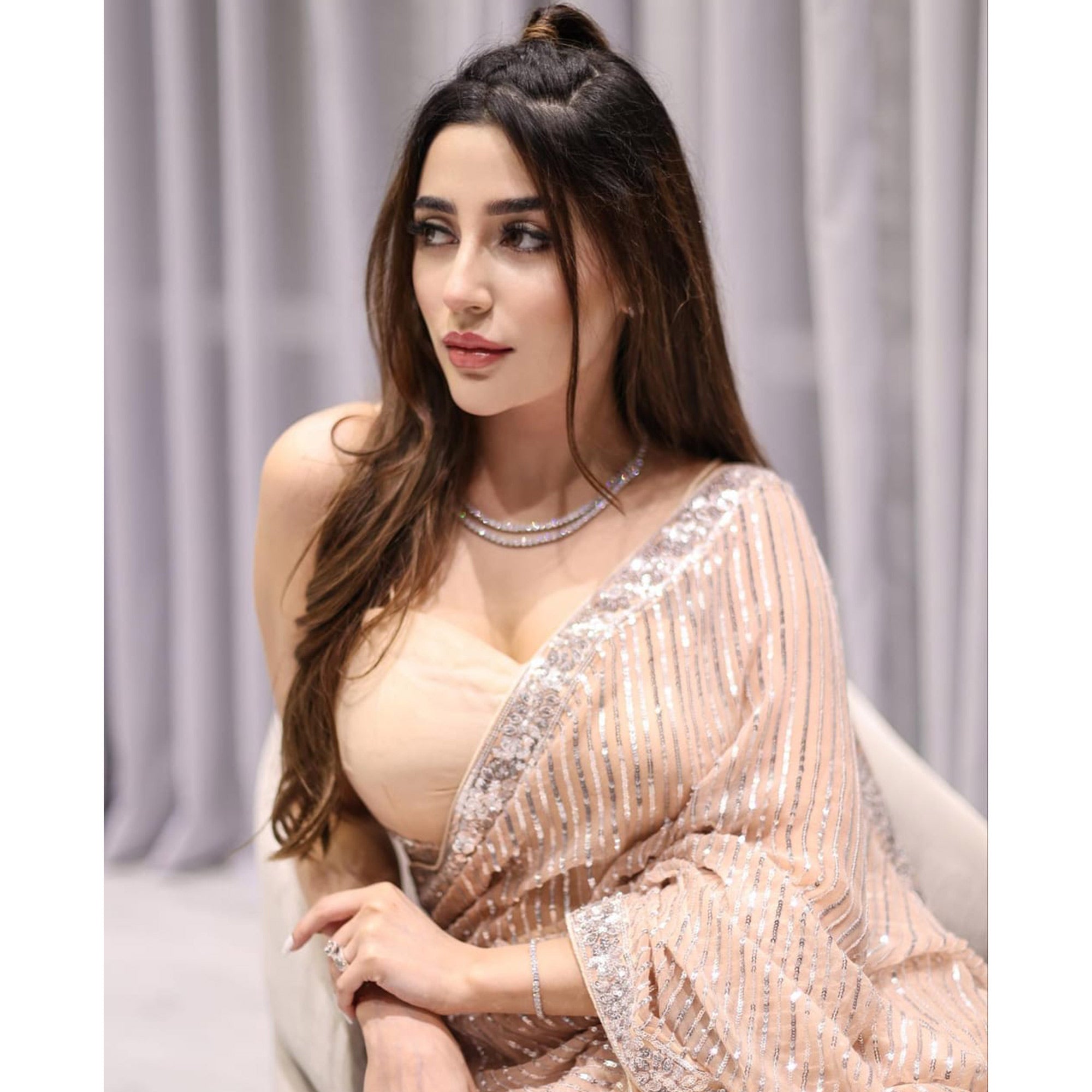 Peach Sequins Embroidered Georgette Saree