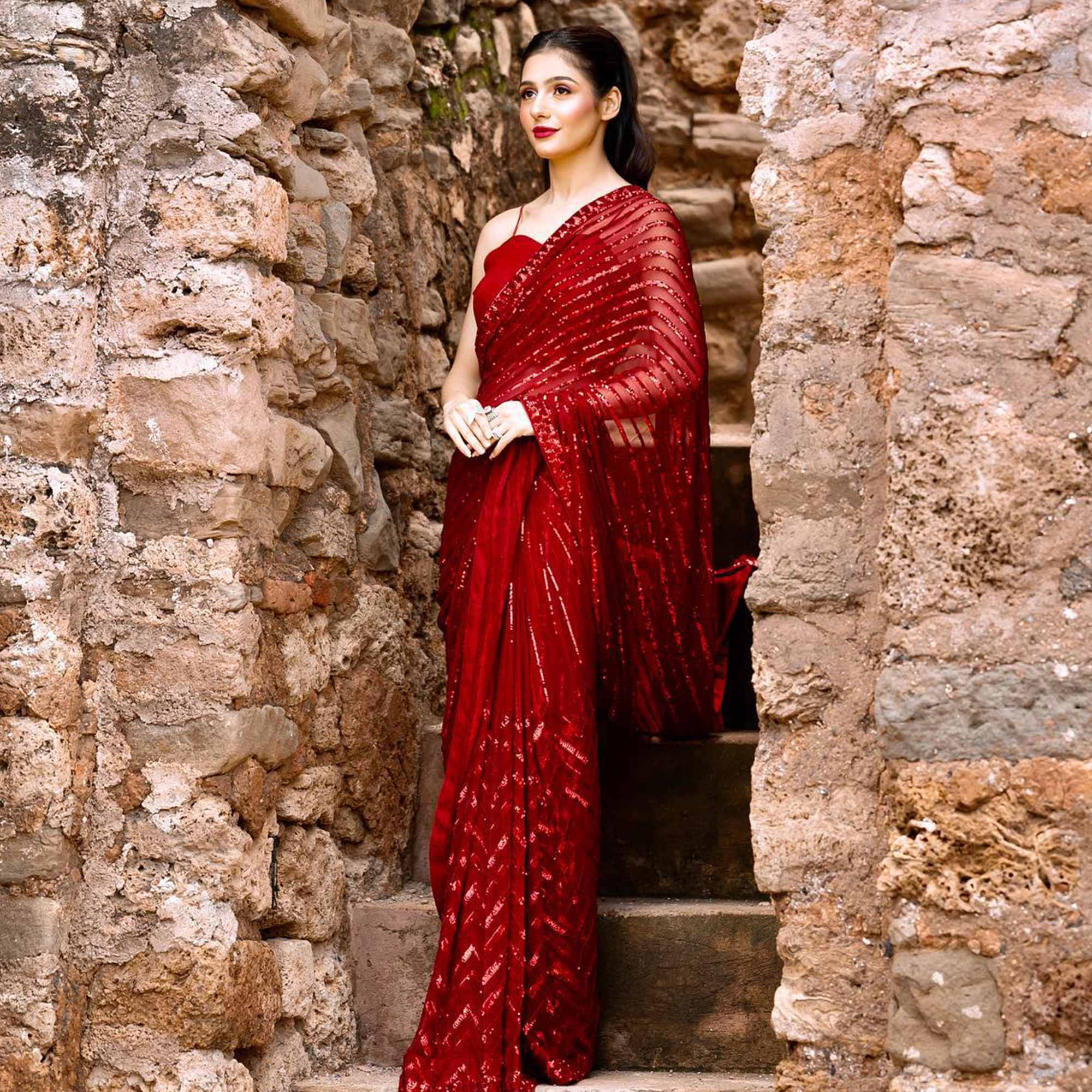 Red Sequins Embroidered Georgette Saree