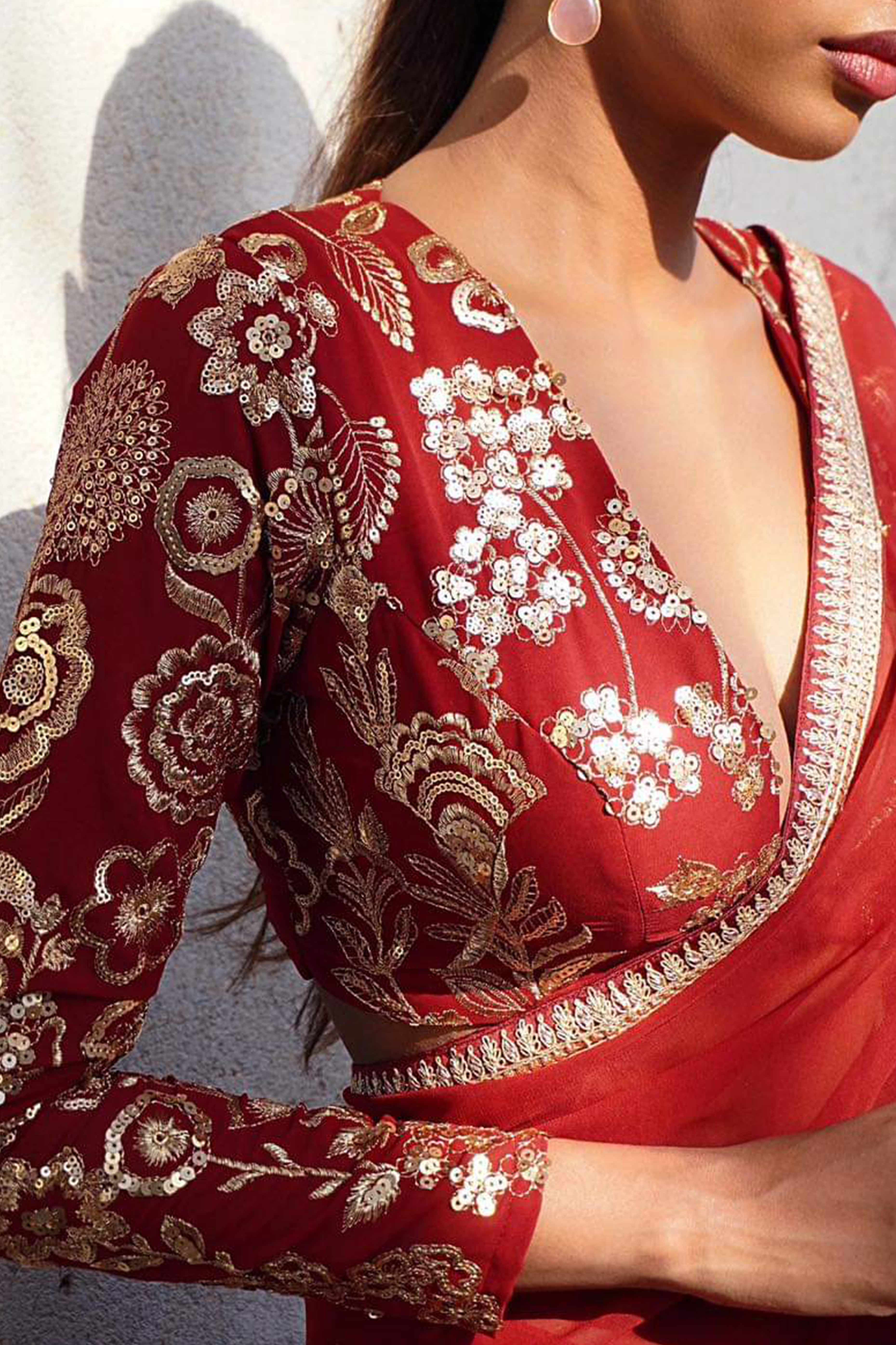 Bold Red Solid Pattern Georgette Saree with Embellished Lace Trim