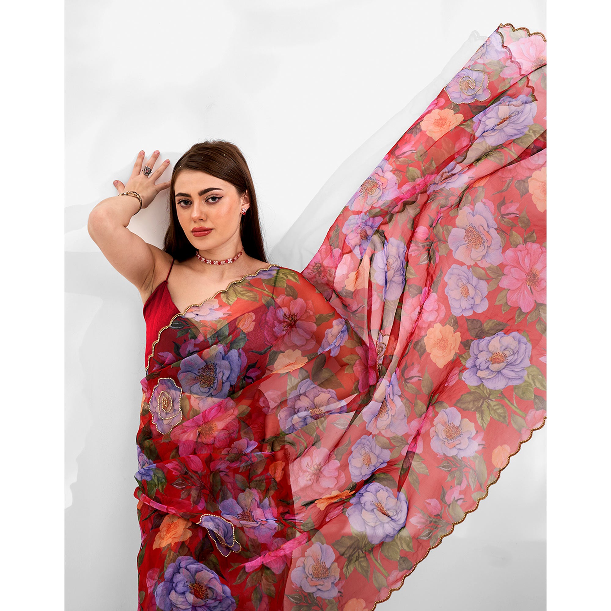 Red Floral Printed Khatli Work Organza Saree