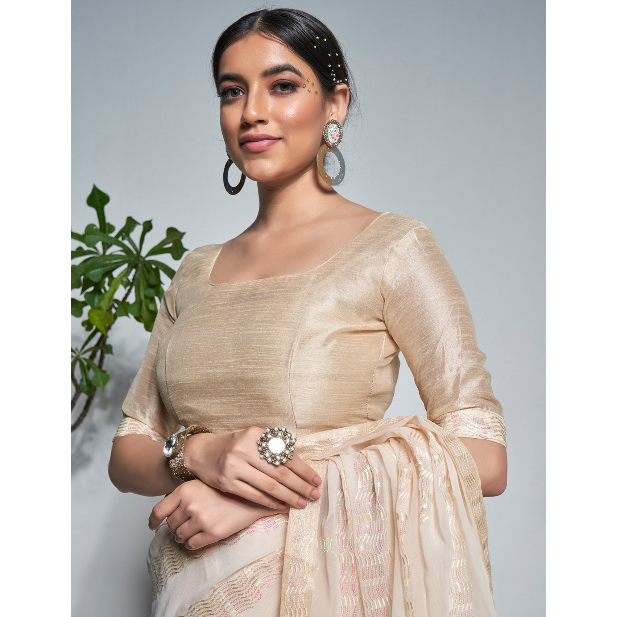 Beige Sequins Embroidered Georgette Saree