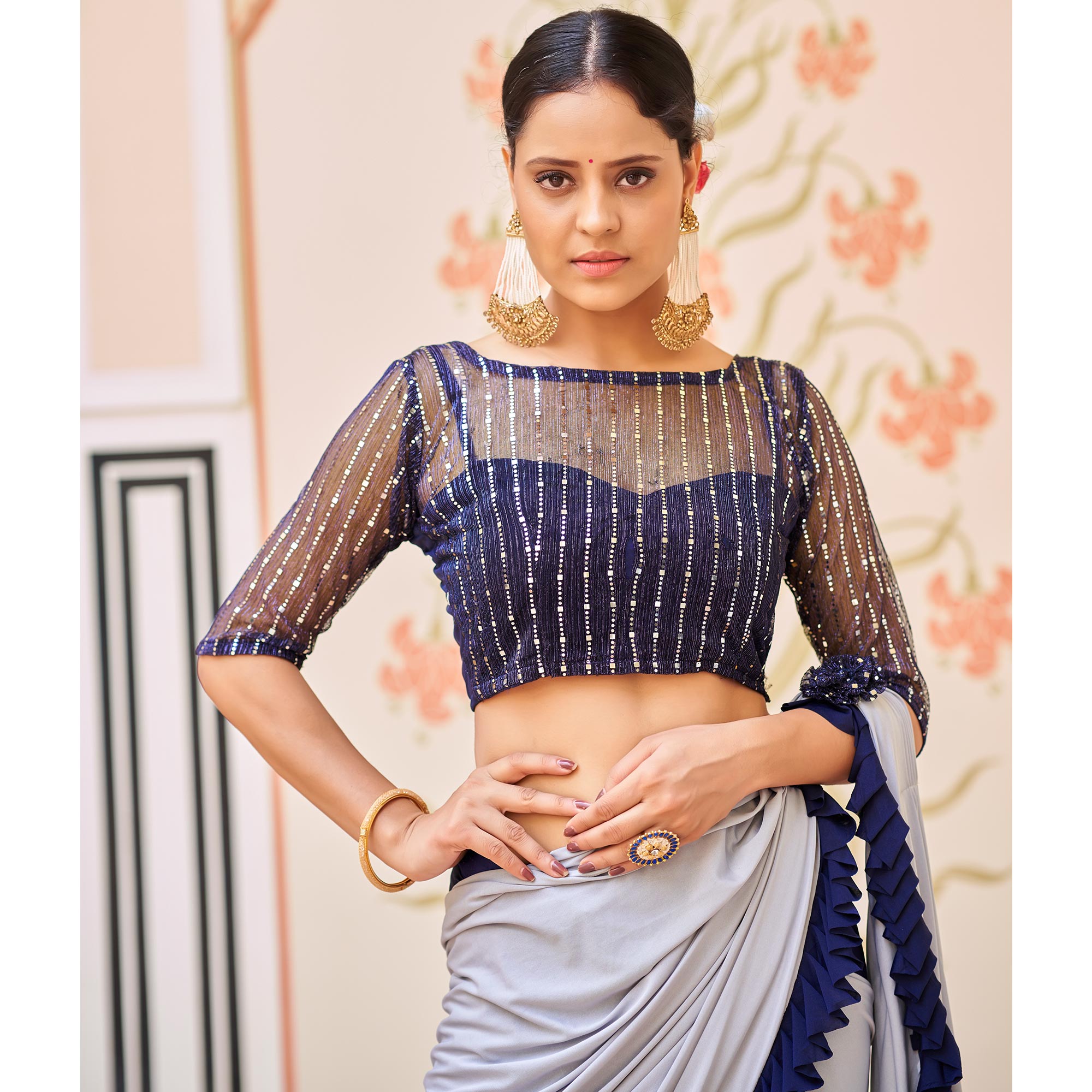 Blue And Grey Half Half Lycra Ready To Wear Saree