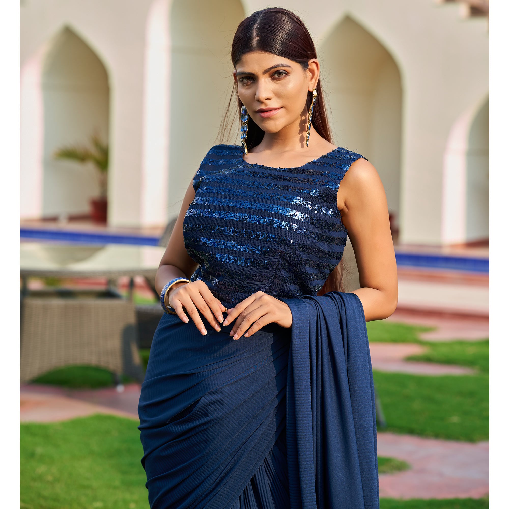 Navy Blue Lycra Crush Design Ready To Wear Saree