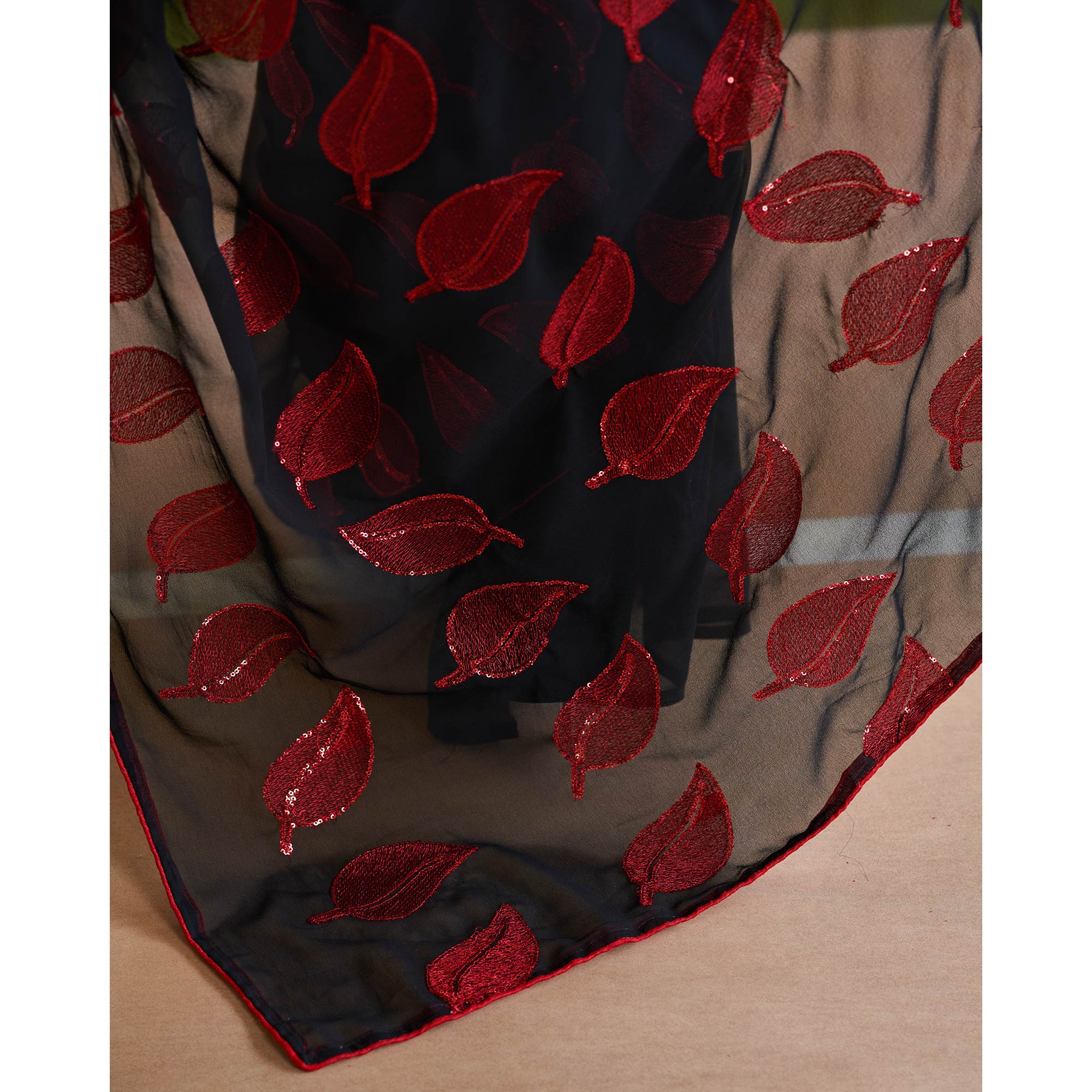 Black & Red Sequins Embroidered Georgette Saree