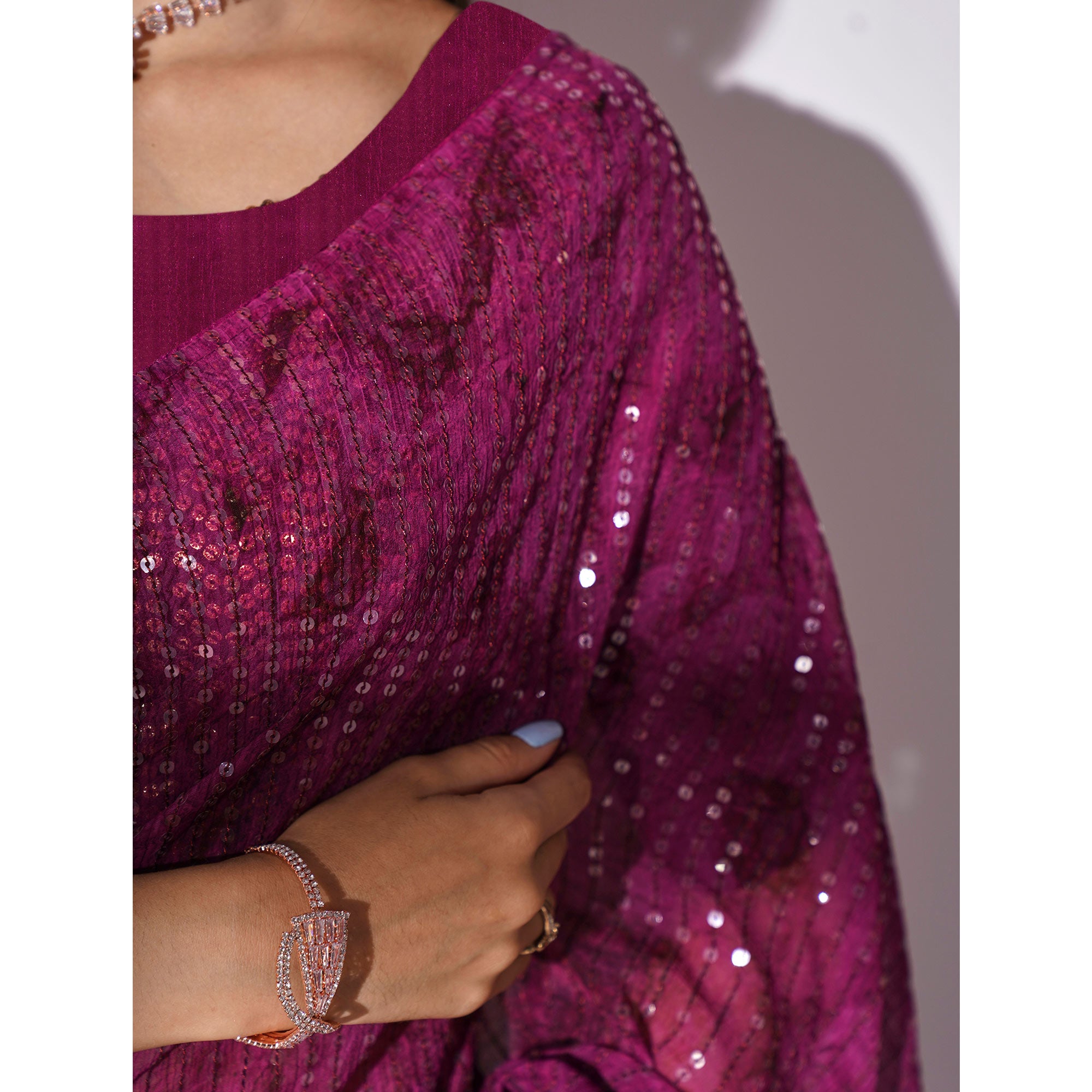 Wine Ombre Print Sequence Work Georgette Saree