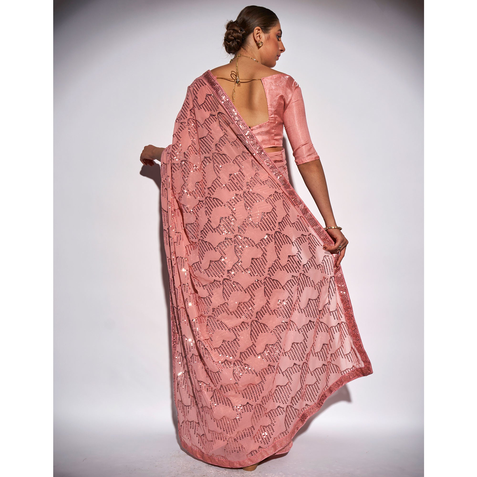 Peach Sequins Embroidered Georgette Saree