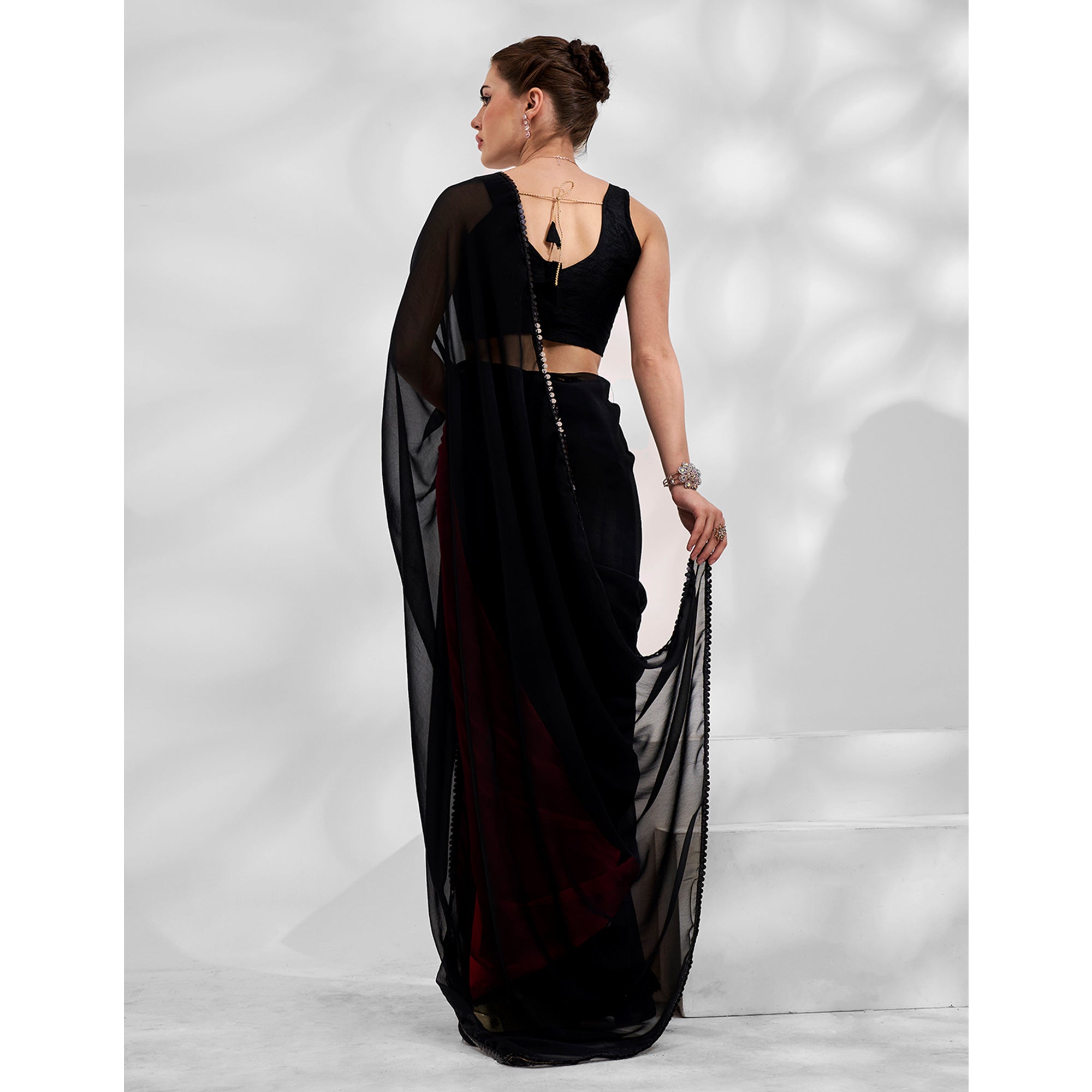Black & Red Solid Georgette Saree