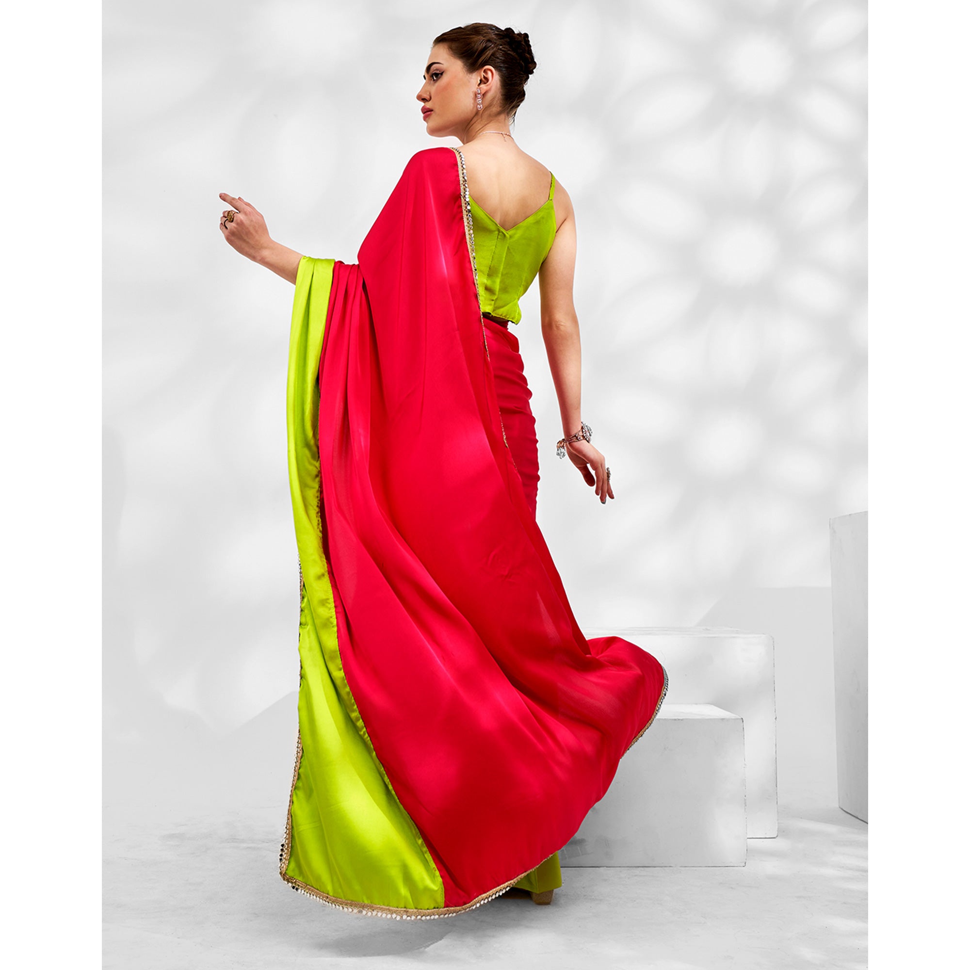 Pink & Green Solid Pure Silk Saree With Mirror Work Border