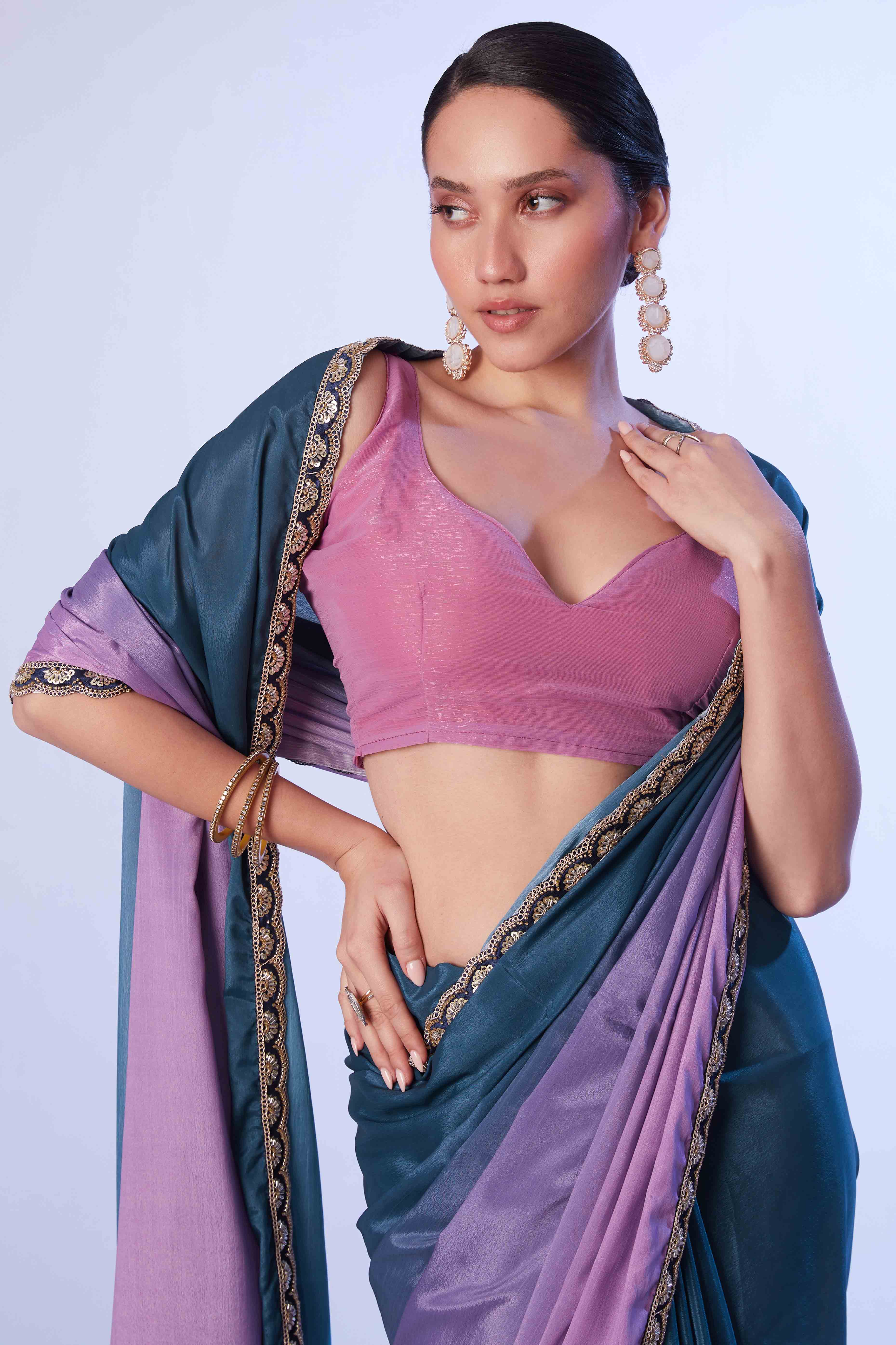 Blue & Purple Ombre Bliss Chinon Solid Saree