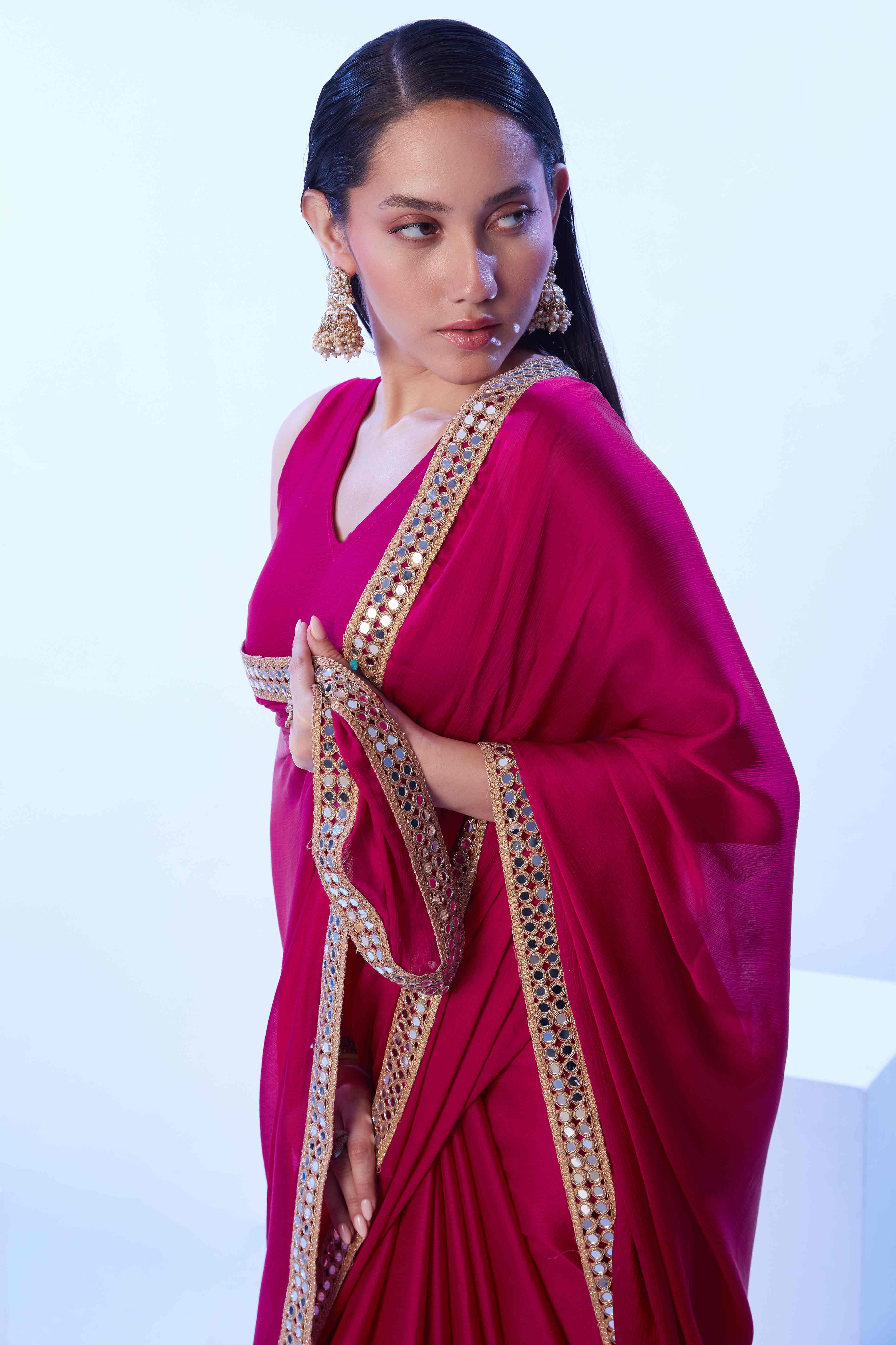 Hot Pink Satin Solid Saree Adorned with Mirror Work