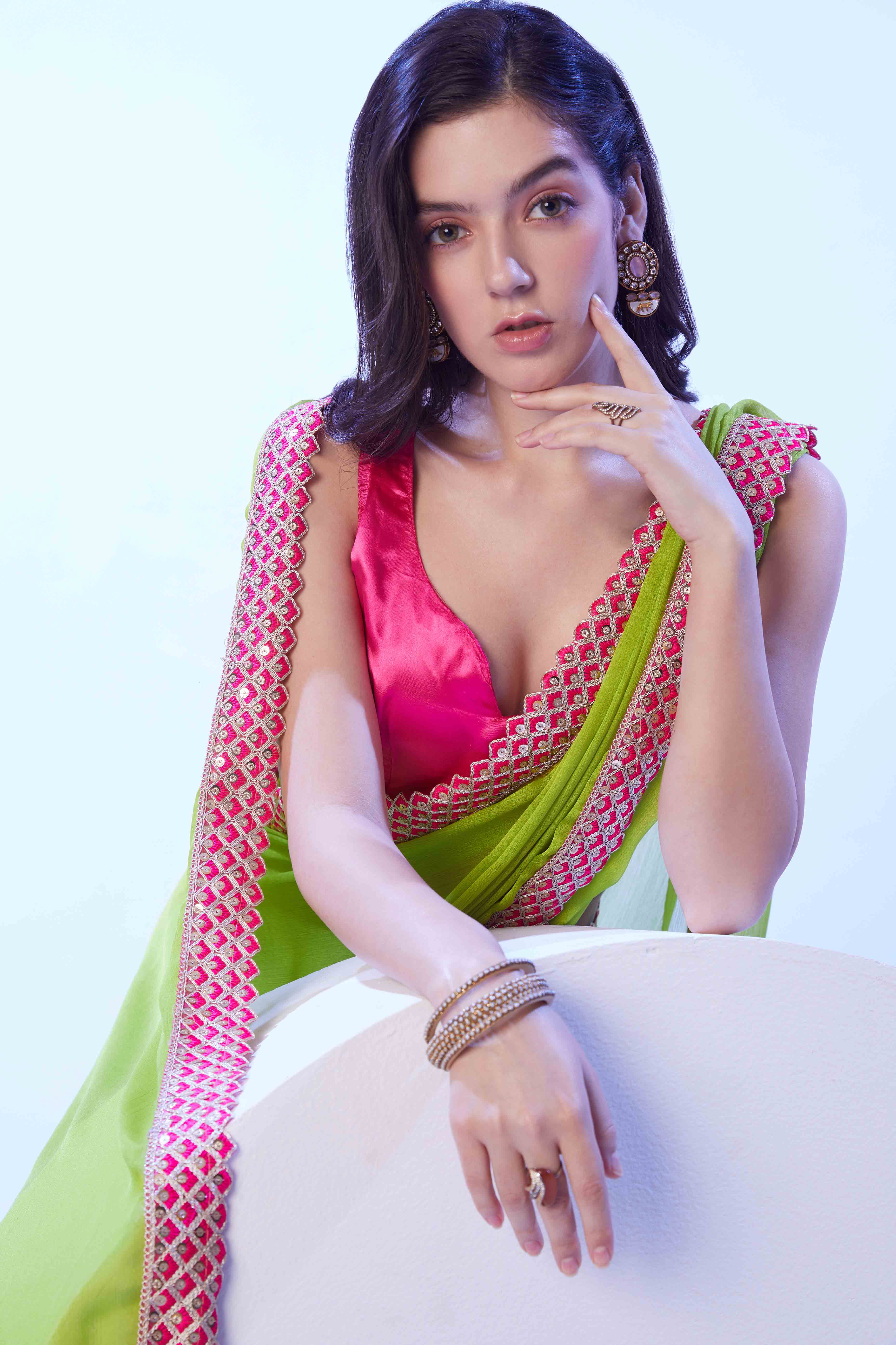 Green Chiffon Solid Saree with Mirror Embroidery On Border