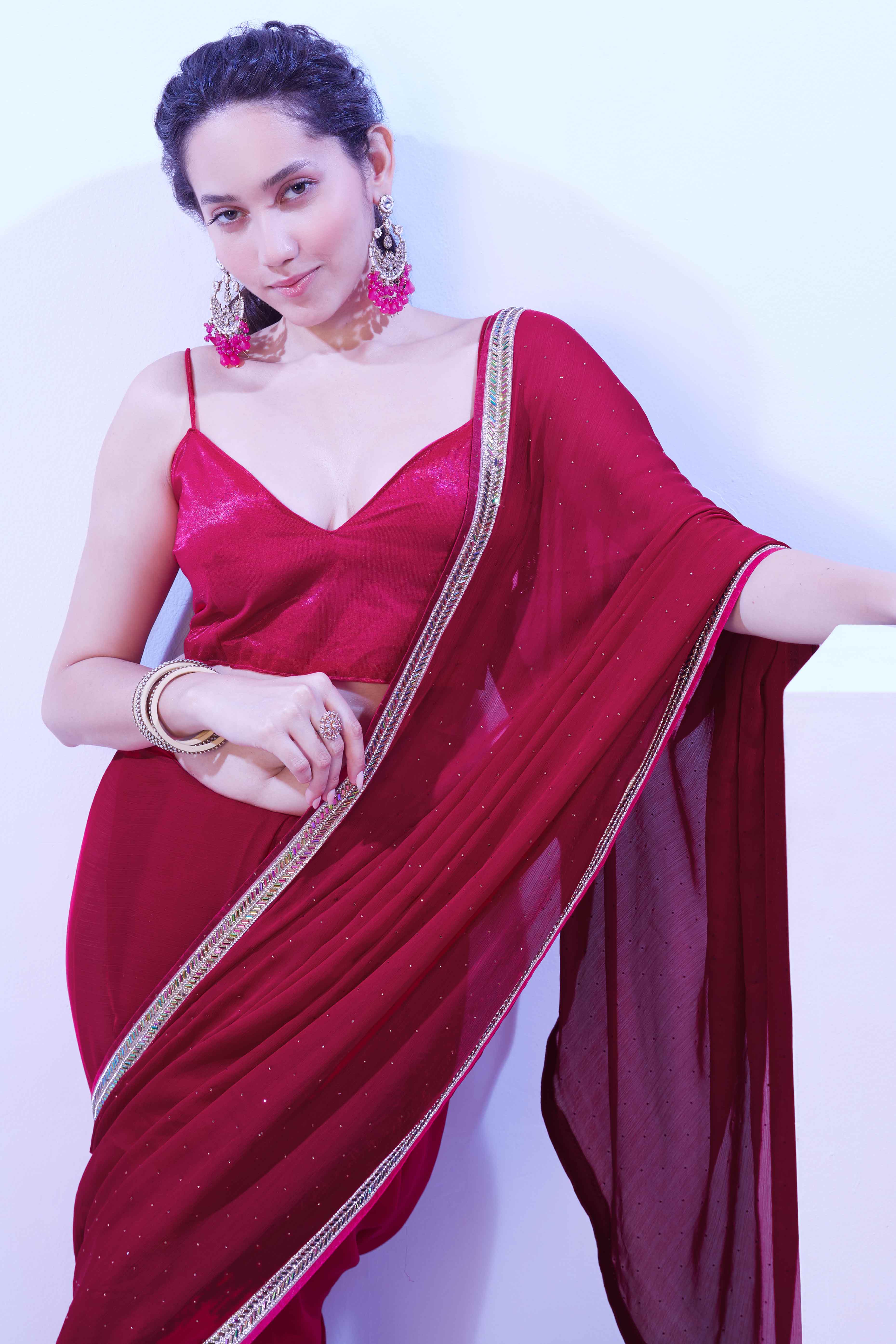 Wine Red Satin Solid Saree Adorned with Mirror Work