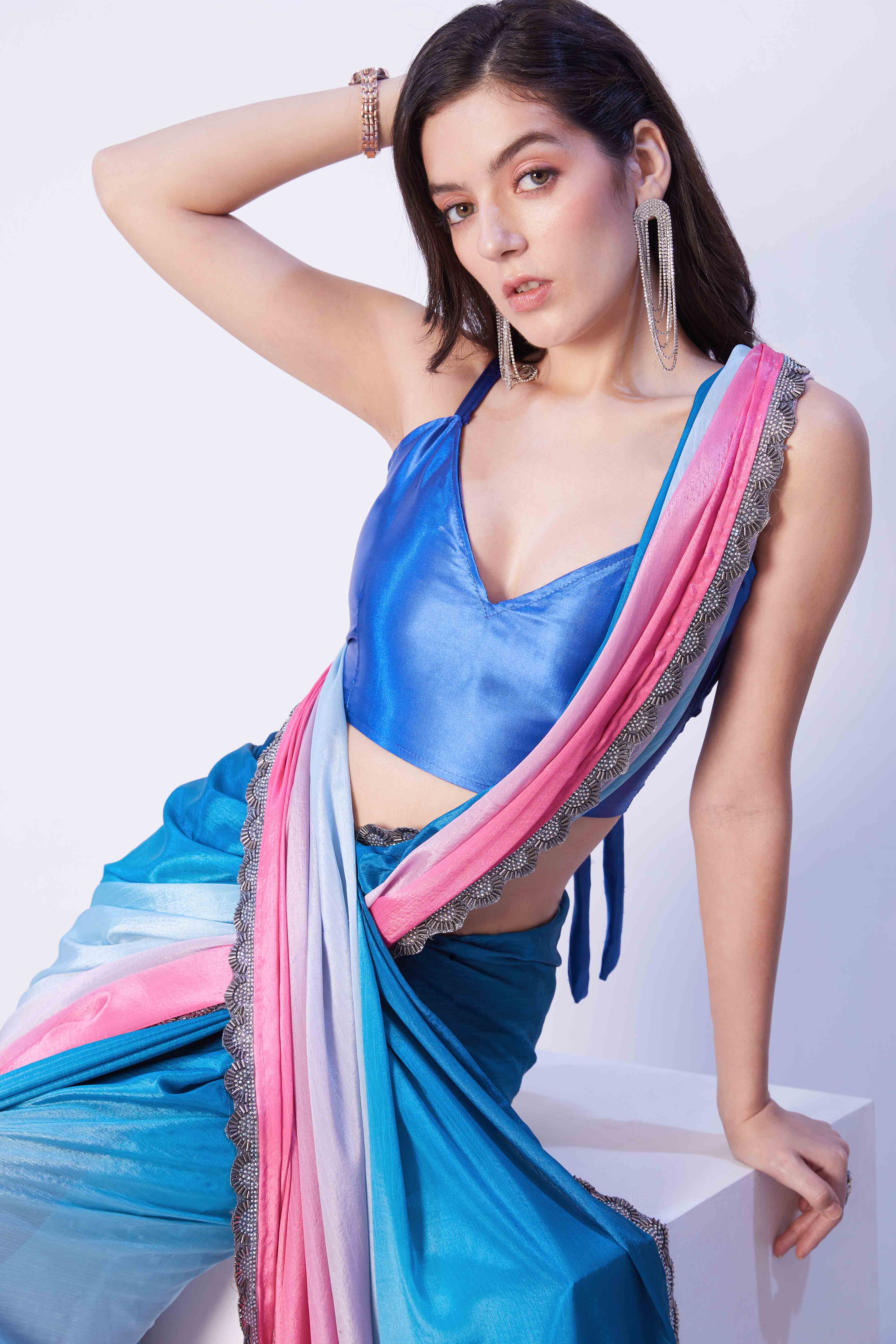 Blue & Pink Ombre Bliss Chinon Solid Saree