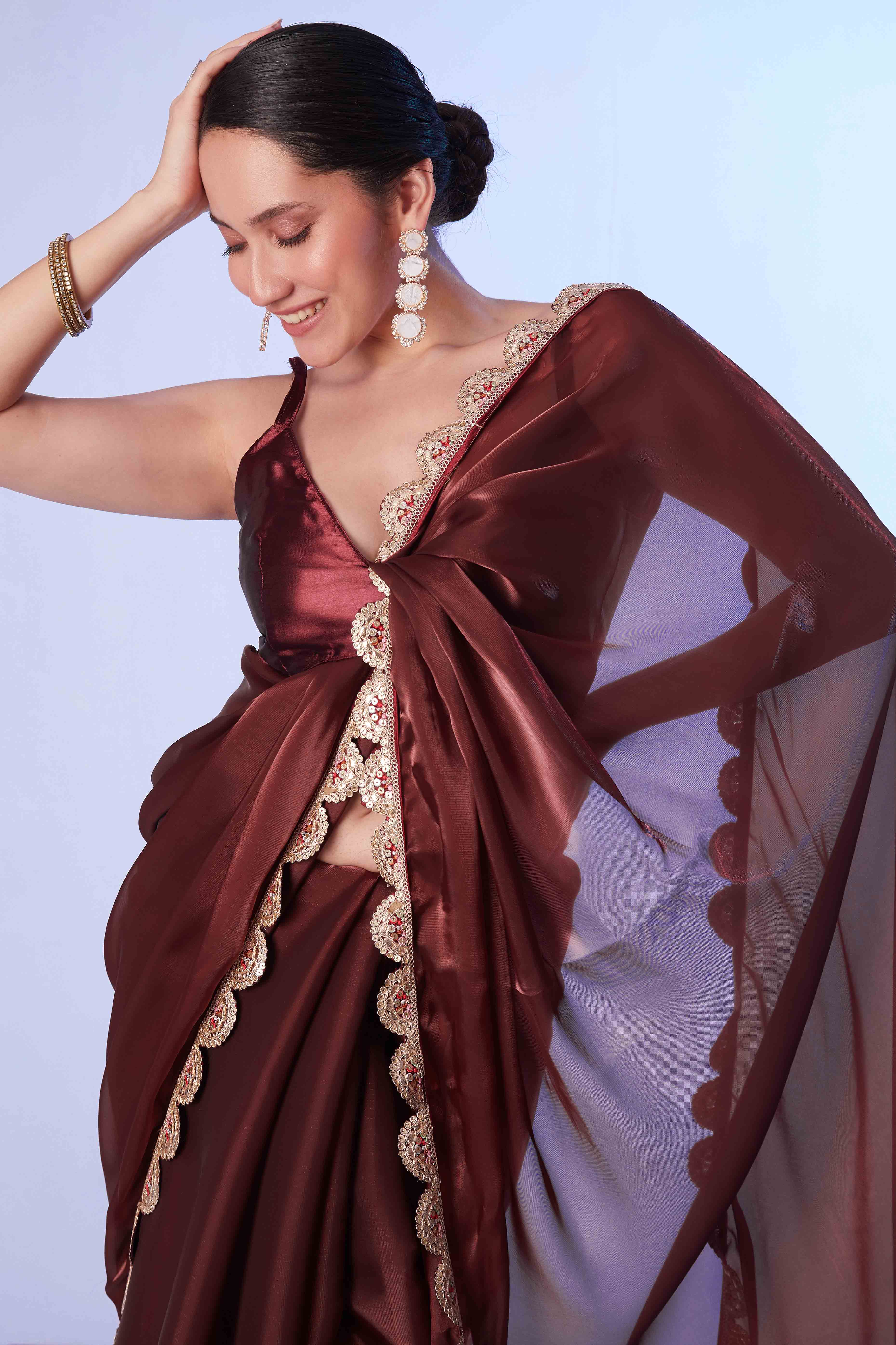 Brown Satin Solid Saree Adorned with Sequins Work