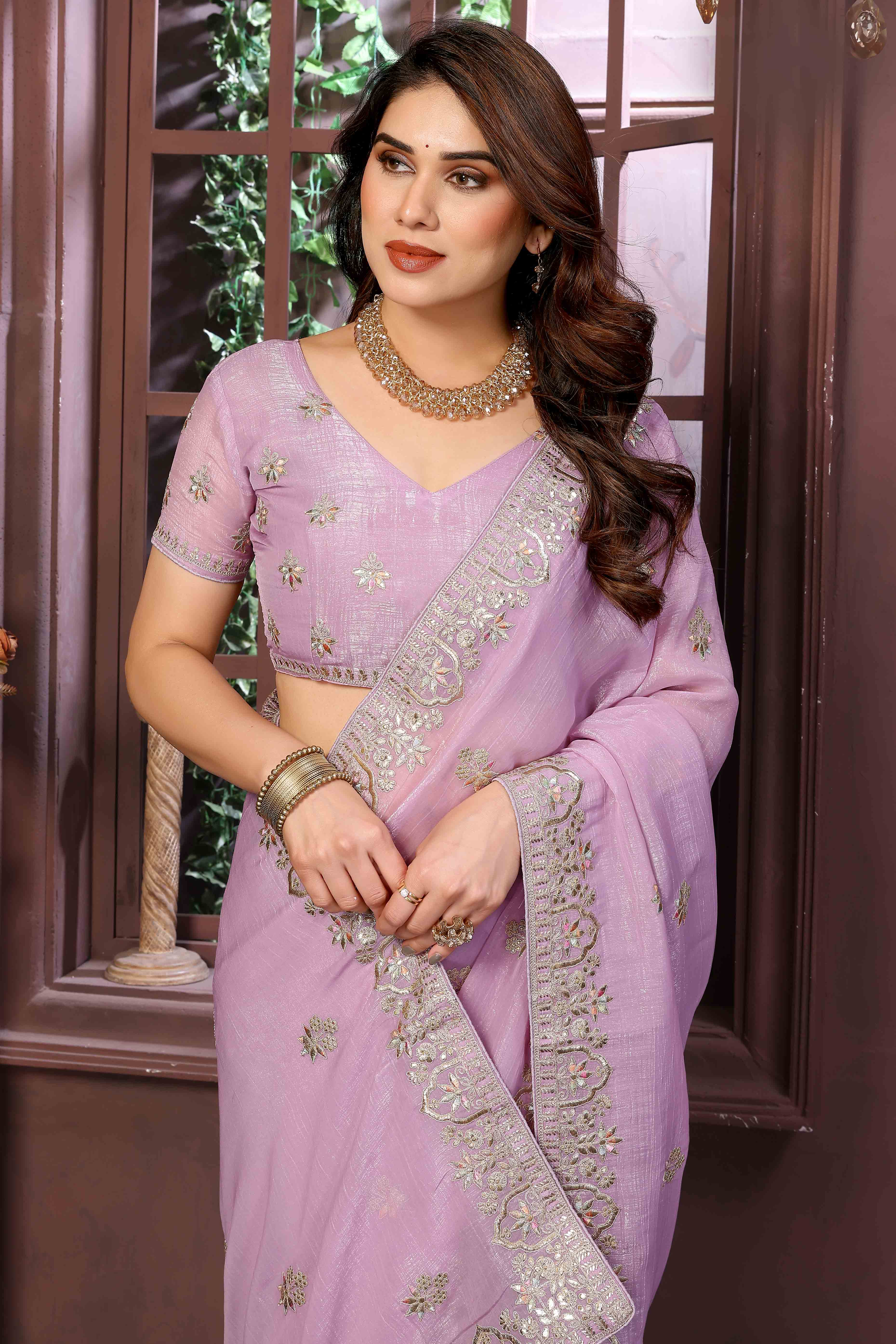 Light Purple Crunchy Saree With Enchanting Floral Gota Patti Work