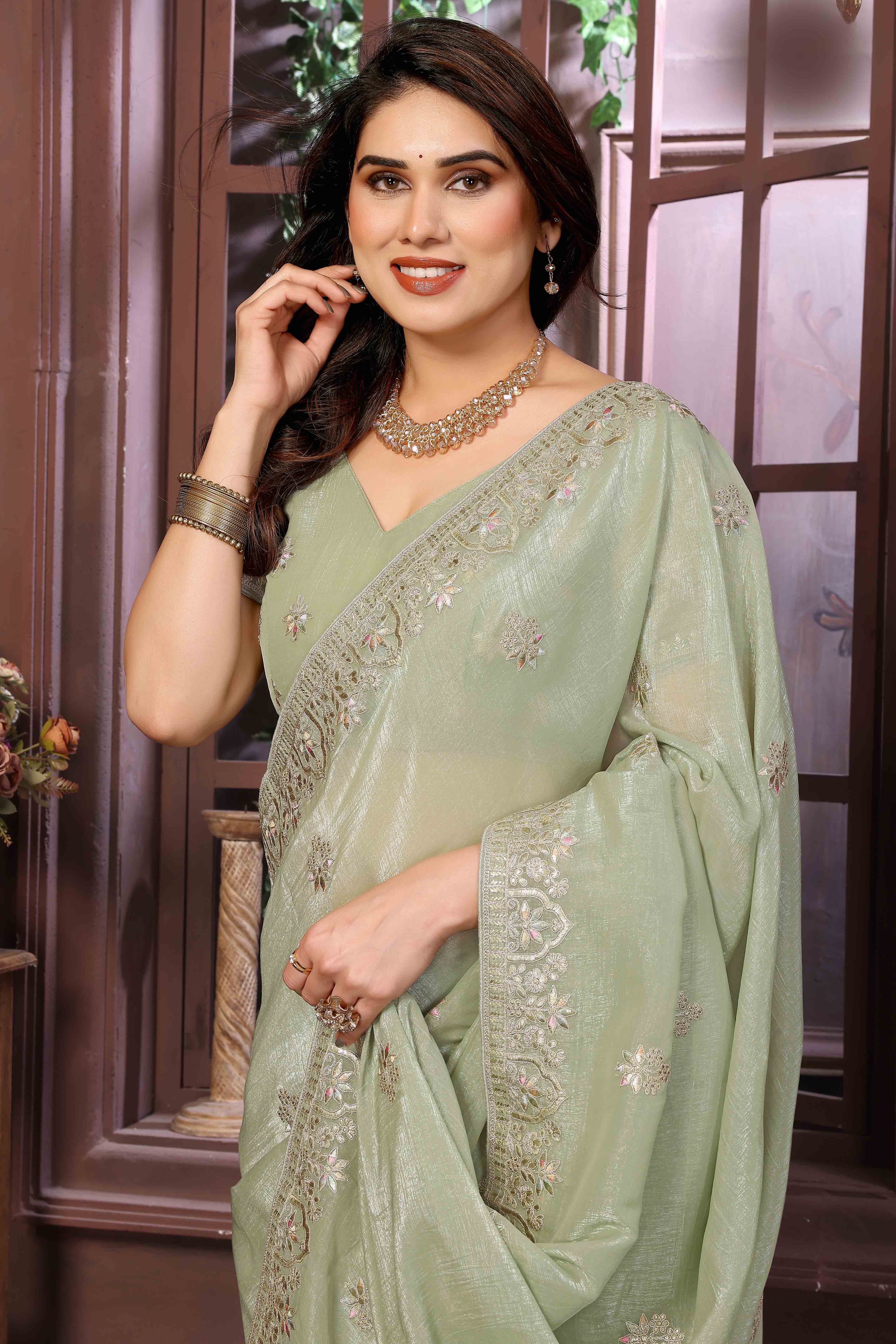 Green Crunchy Saree With Enchanting Floral Gota Patti Work