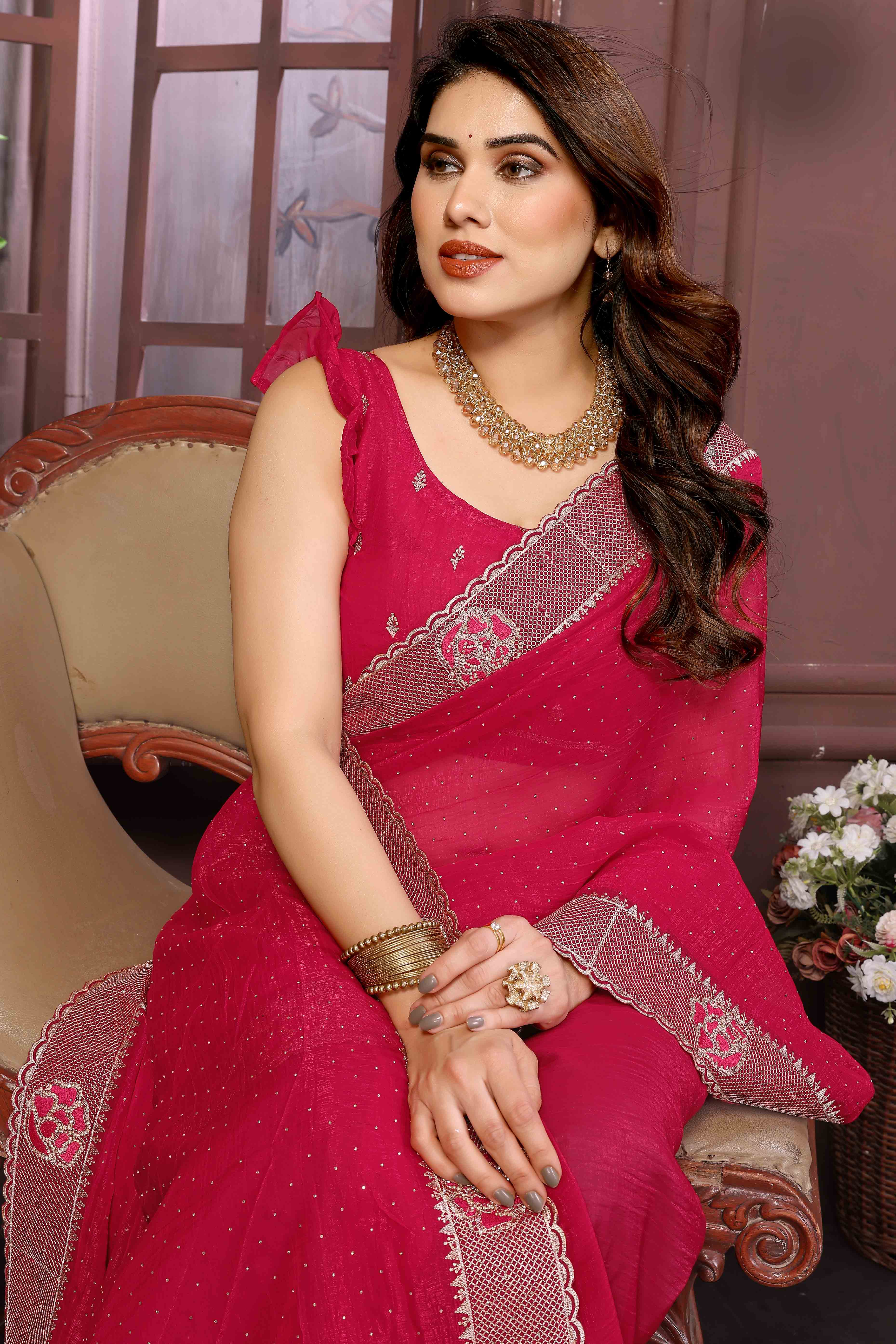 Pink Crunchy Saree Adorned With Swarovski Sparkle & Floral Zari Elegance