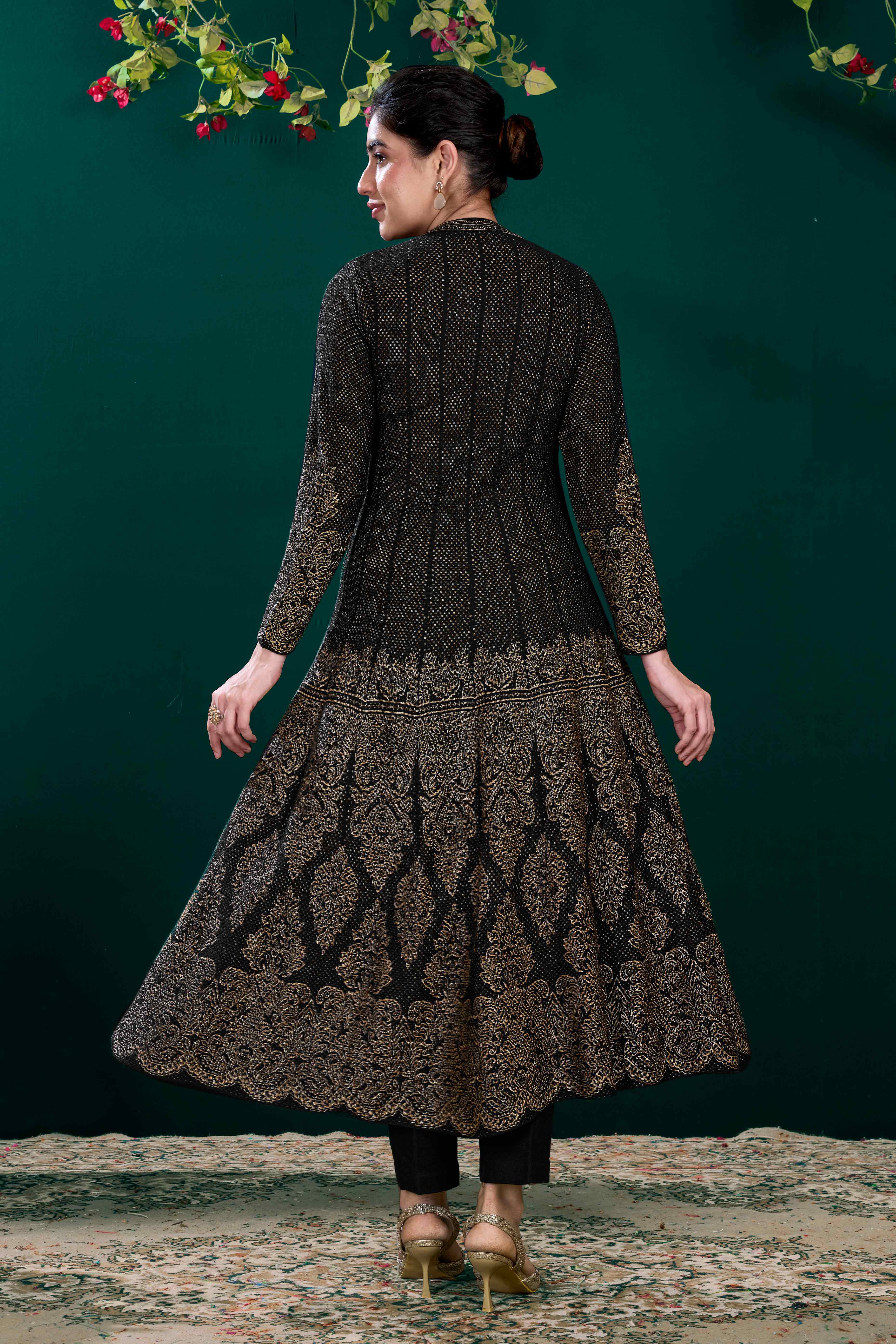Black Floral Woven A-Line Salwar Suit