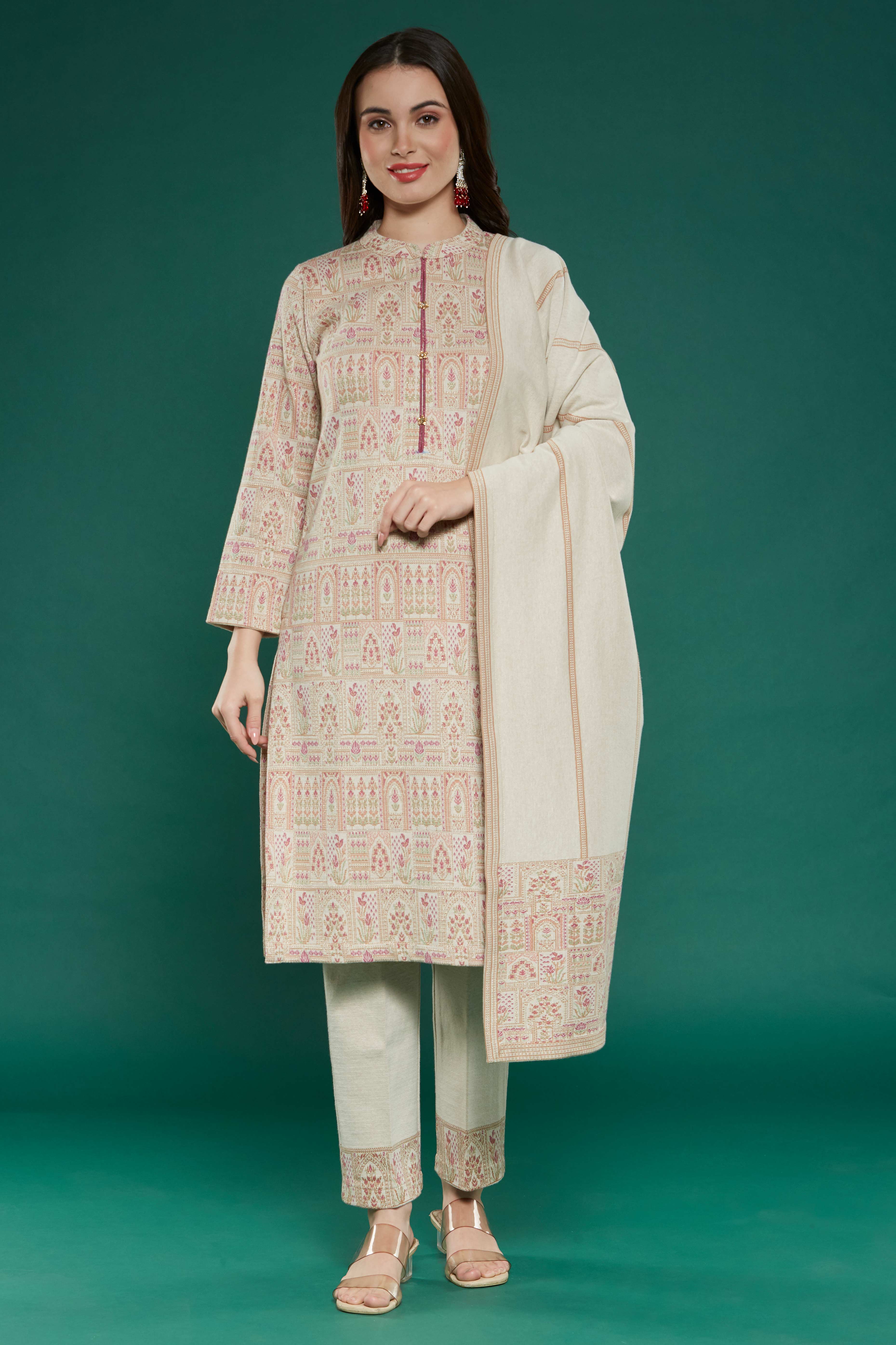 Beige Floral Woven Woolen Straight Salwar Suit