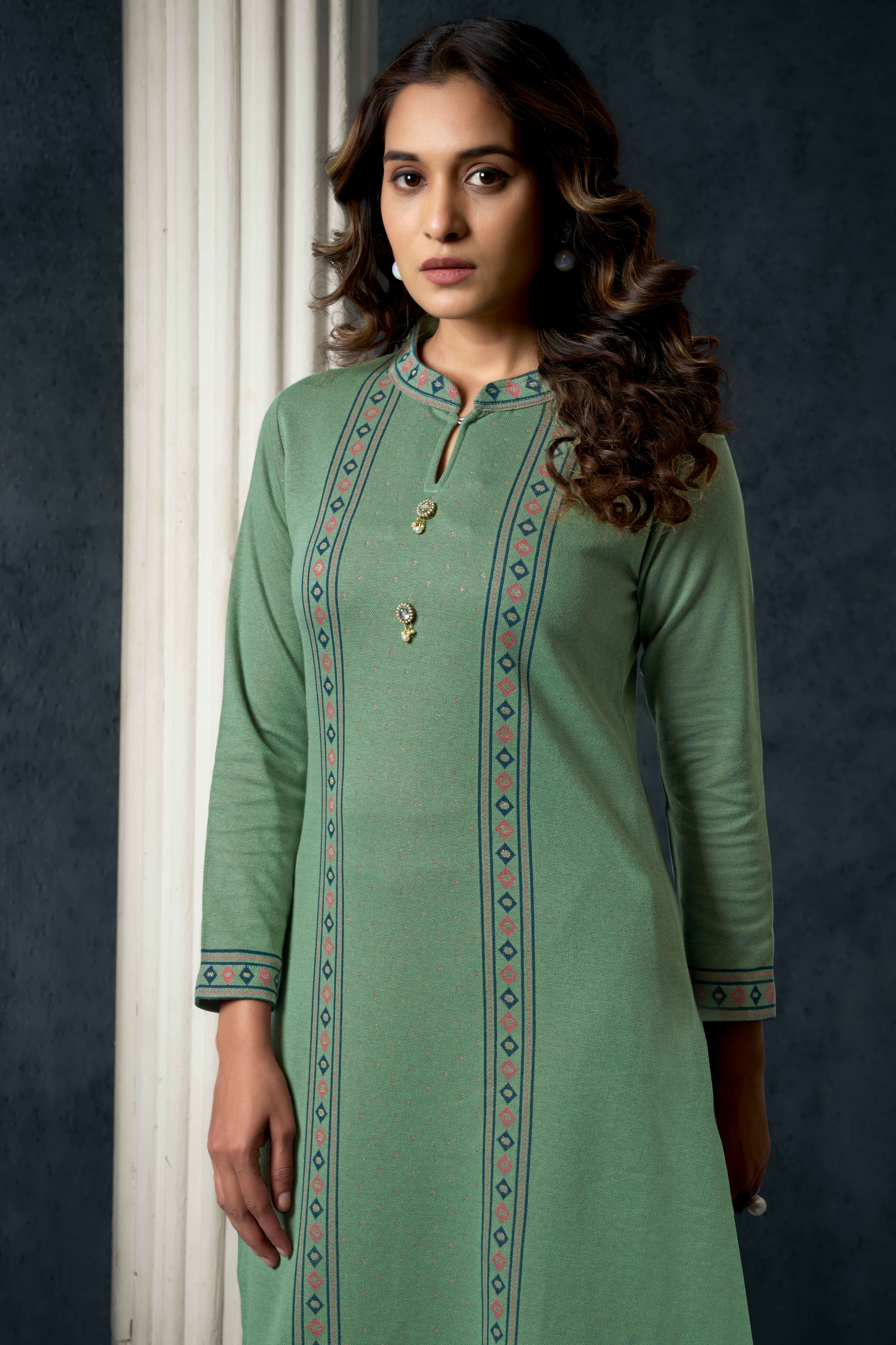 Green Weaving Woolen Straight Salwar Suit