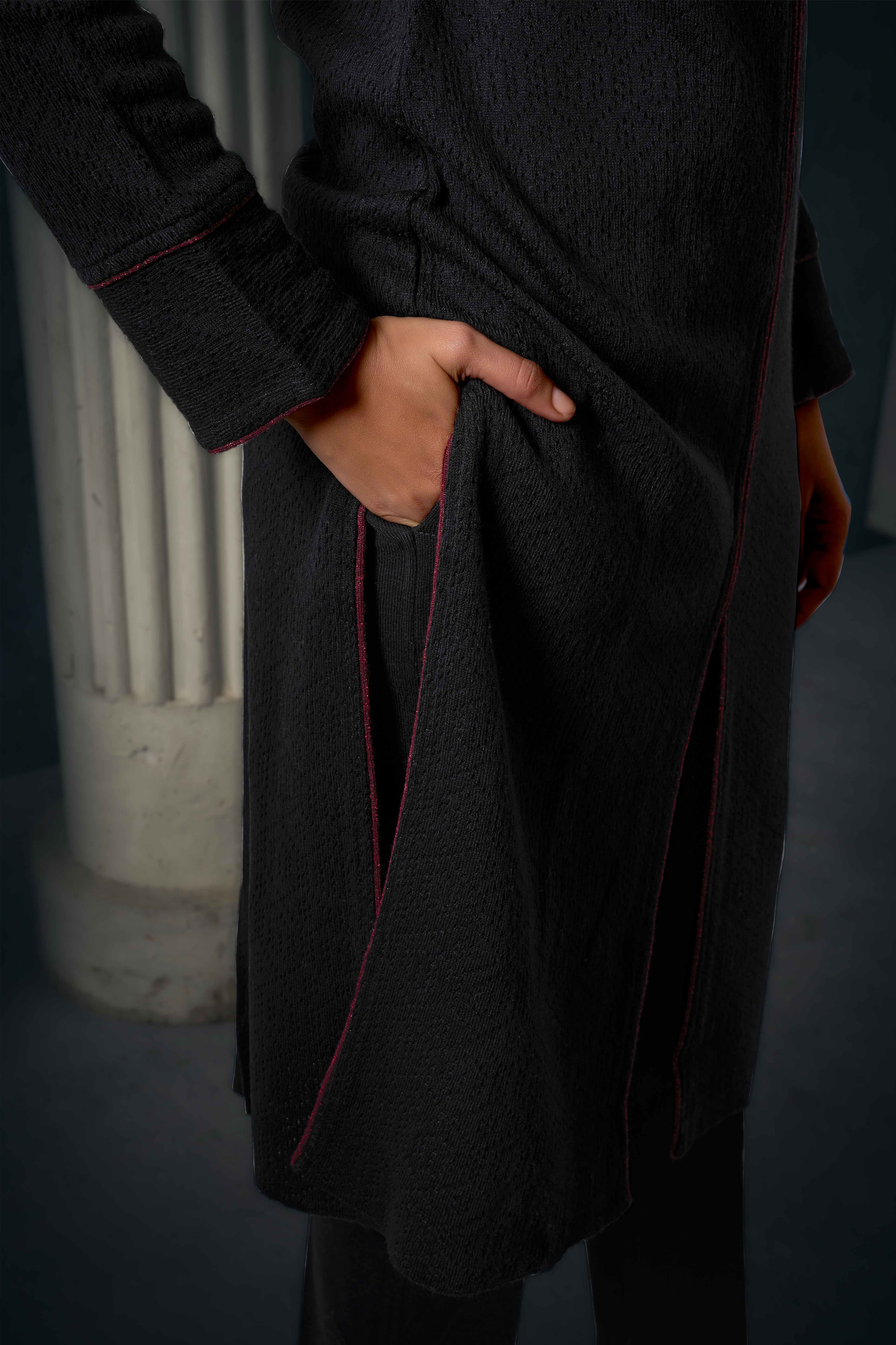 Black Weaving Woolen Front Slit Salwar Suit