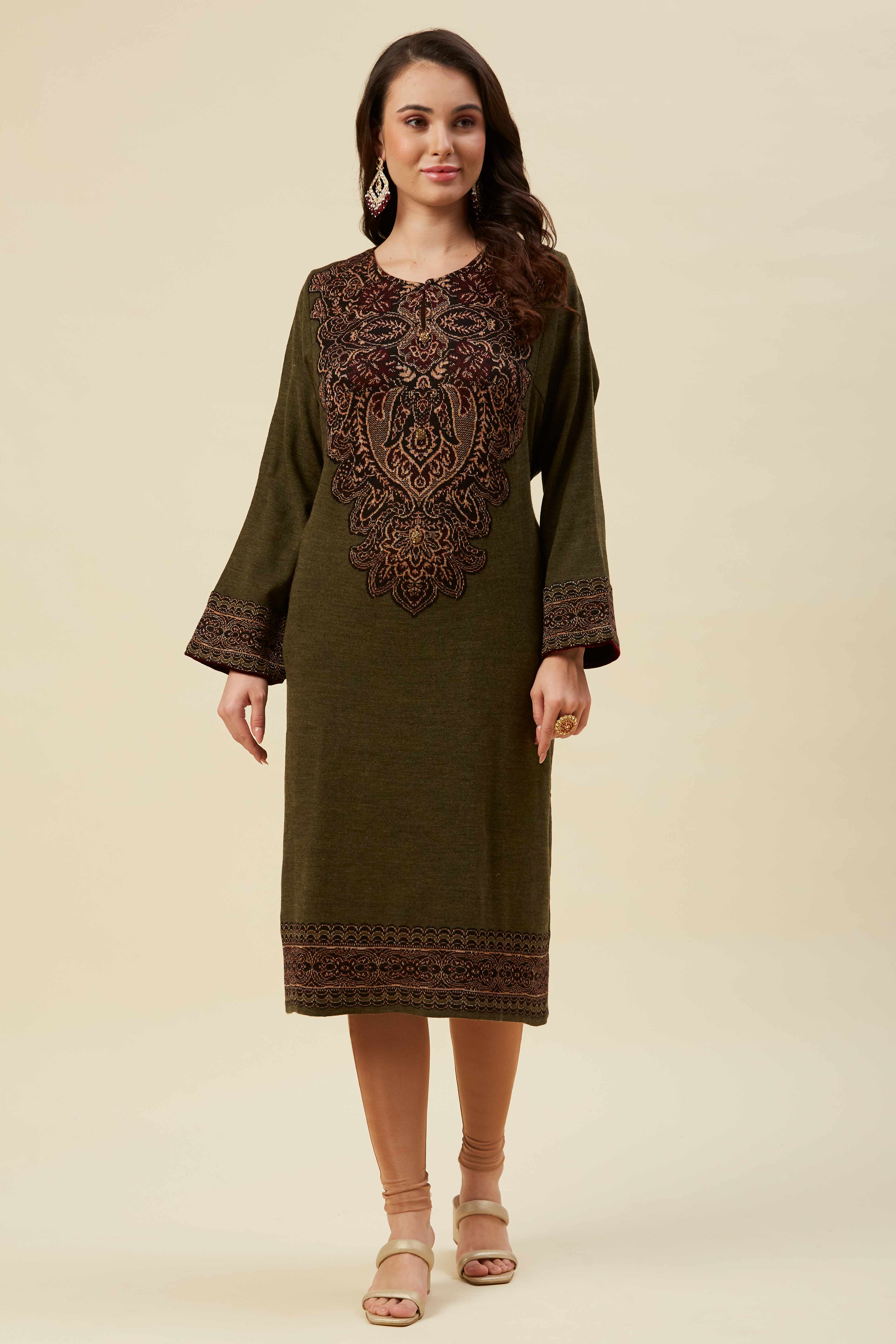 Olive Embroidered Woolen Straight Kurti