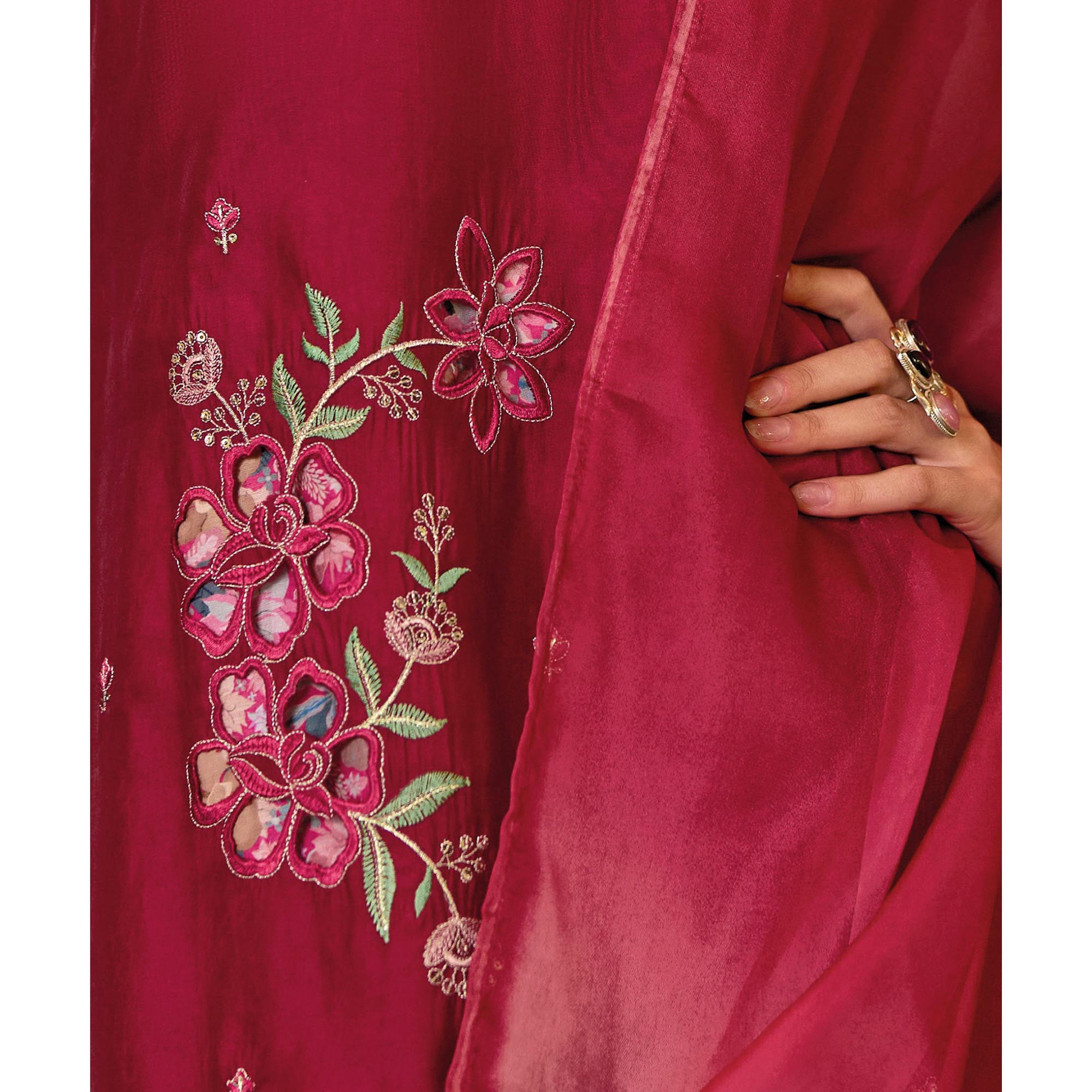 Magenta Floral Handwork Embroidered Viscose Salwar Suit