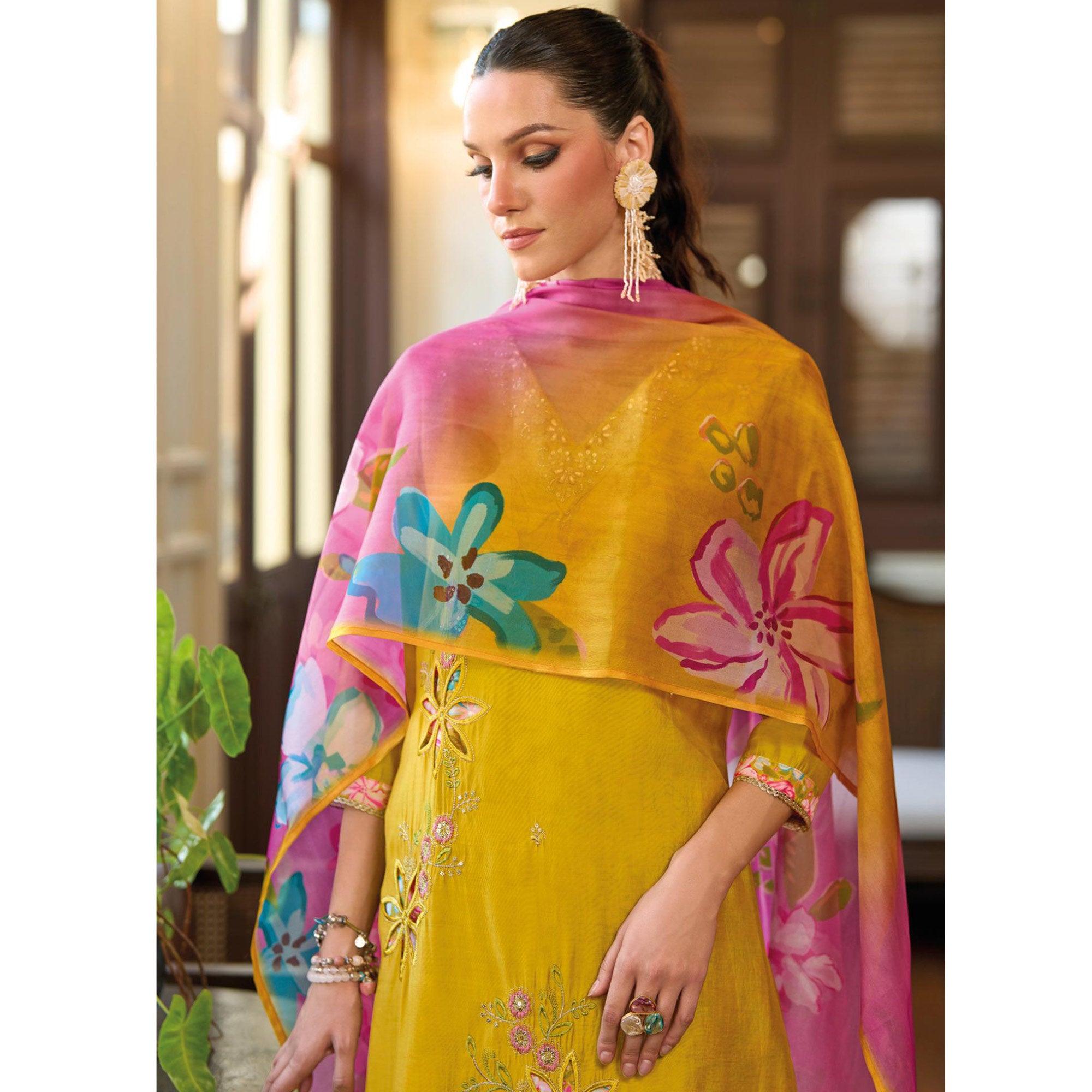 Mustard Floral Handwork Embroidered Viscose Salwar Suit