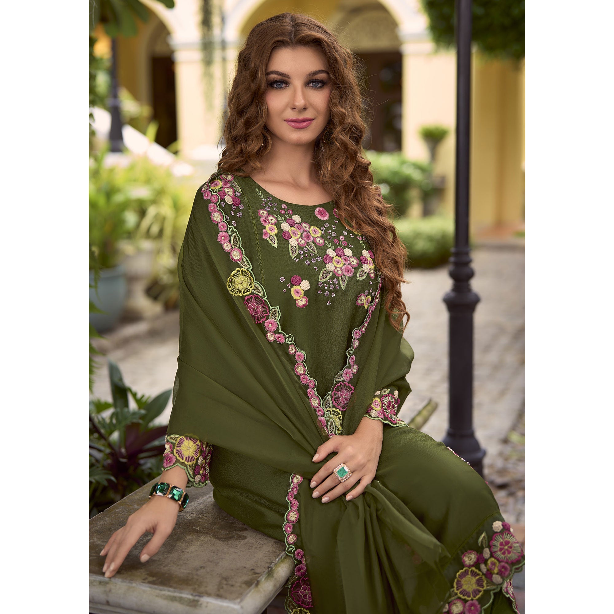 Green Floral Handwork Embroidered Viscose Salwar Suit