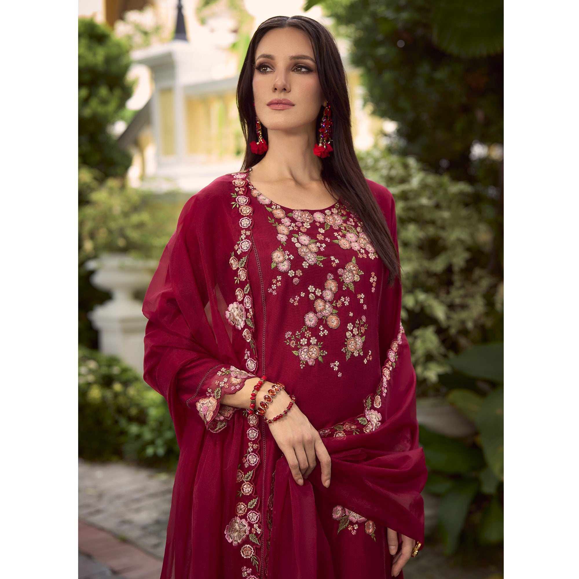 Maroon Floral Handwork Embroidered Viscose Salwar Suit