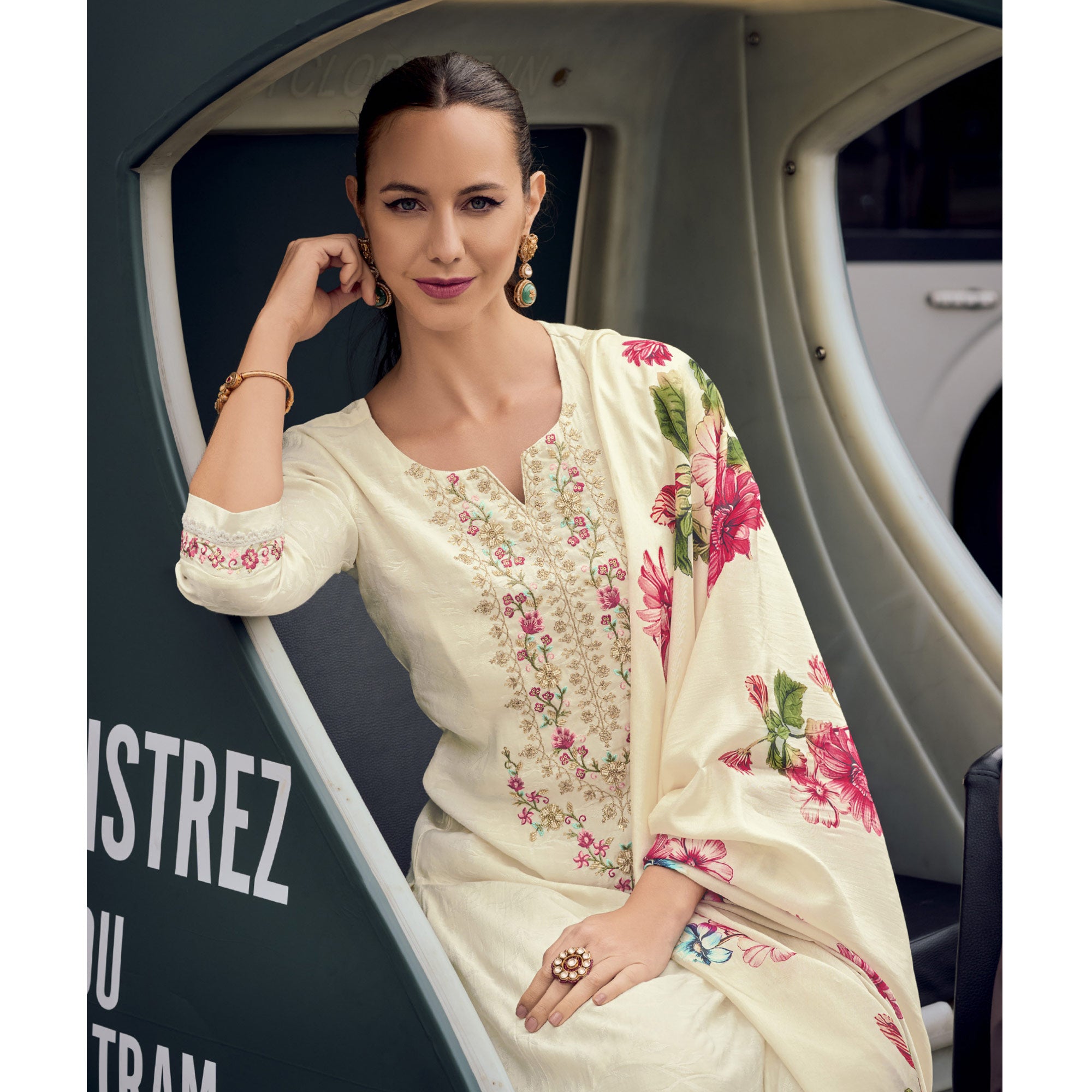 Cream Floral Sequins Embroidery With Handwork Viscose Salwar Suit