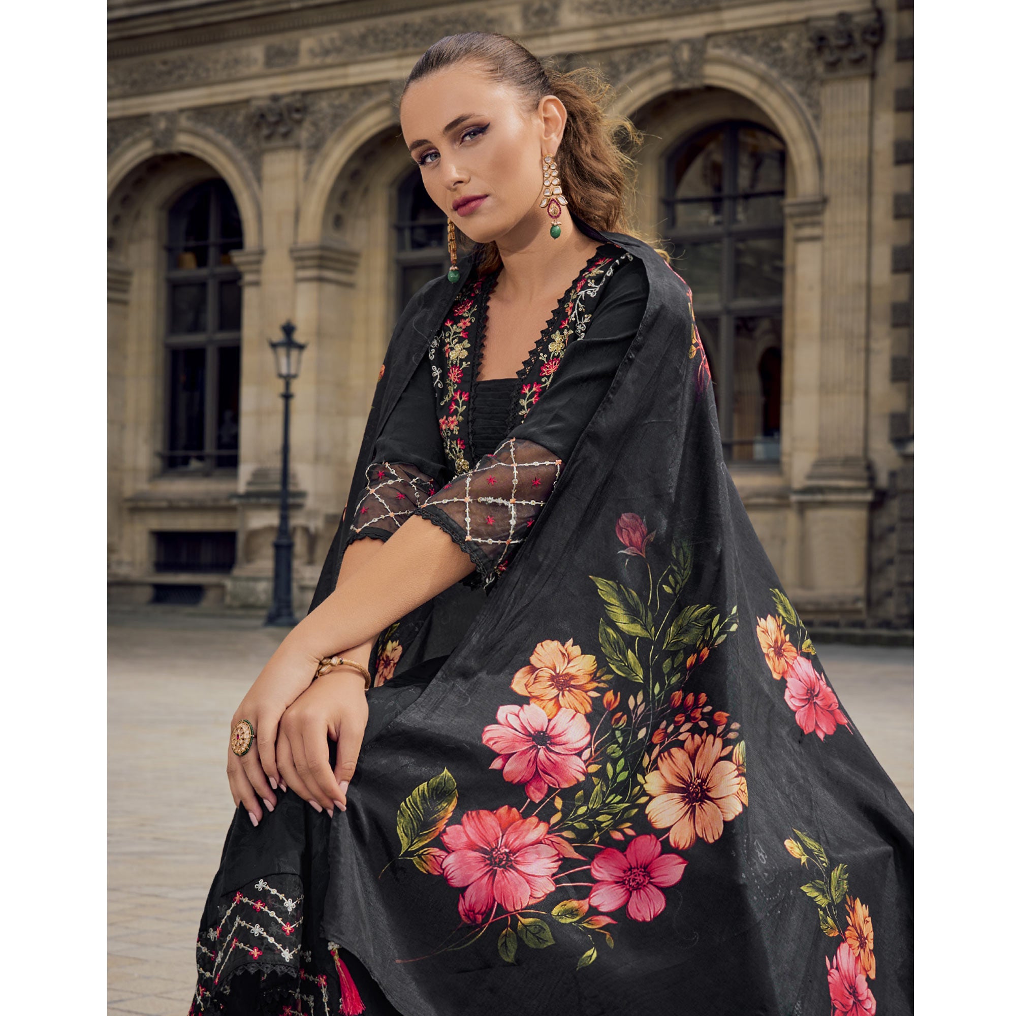 Black Floral Sequins Embroidery With Handwork Viscose Salwar Suit