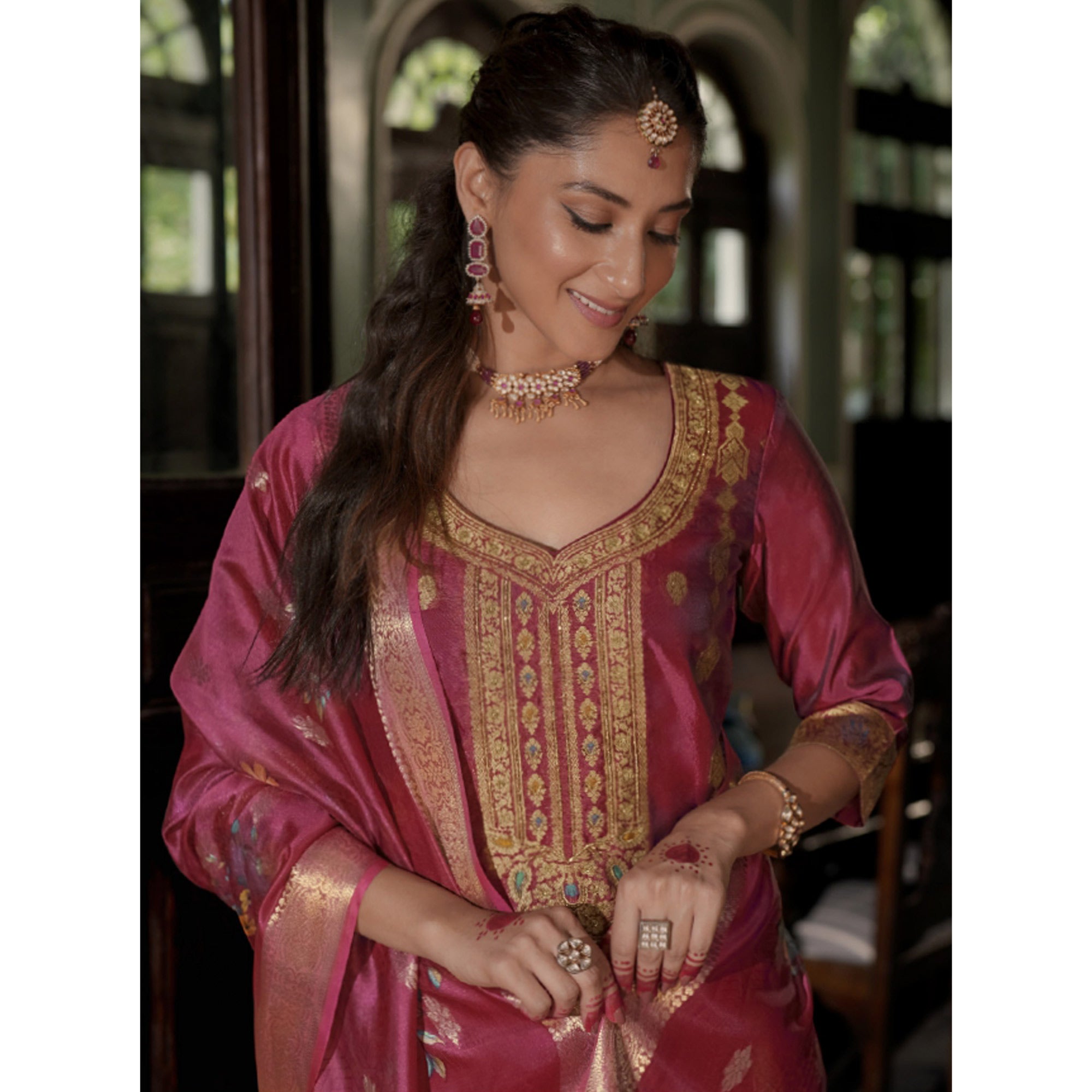 Pink Floral Woven With Handwork Organza Salwar Suit