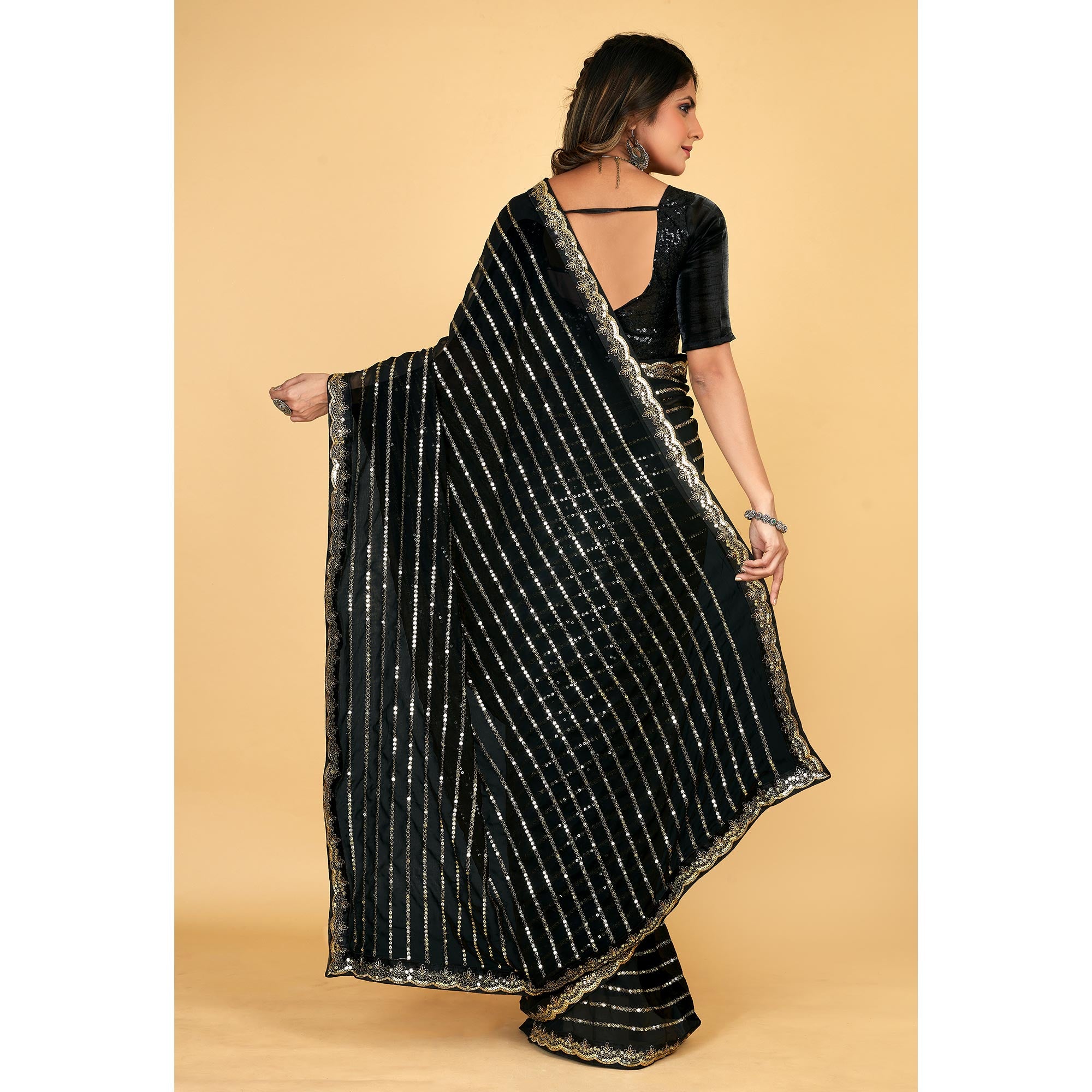 Black Sequins Embroidered Georgette Saree