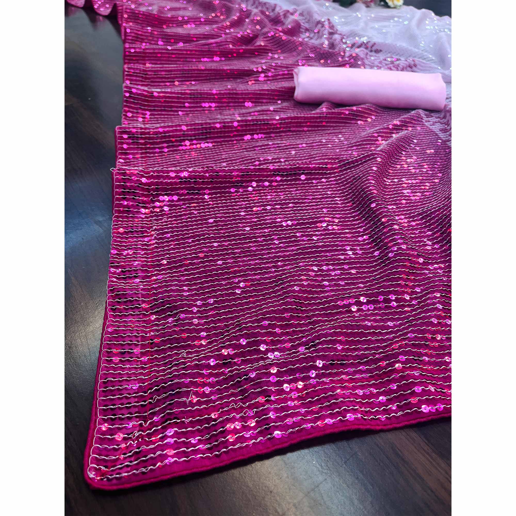 Pink Sequins Digital print Georgette Saree