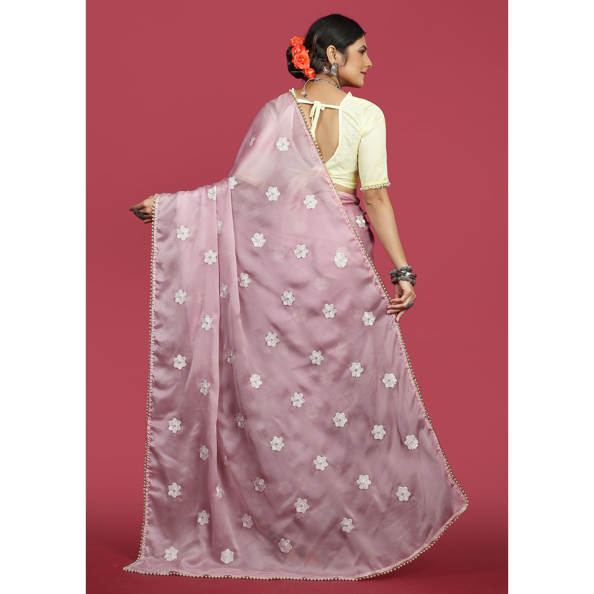 Pink Floral Embroidered Chiffon Saree