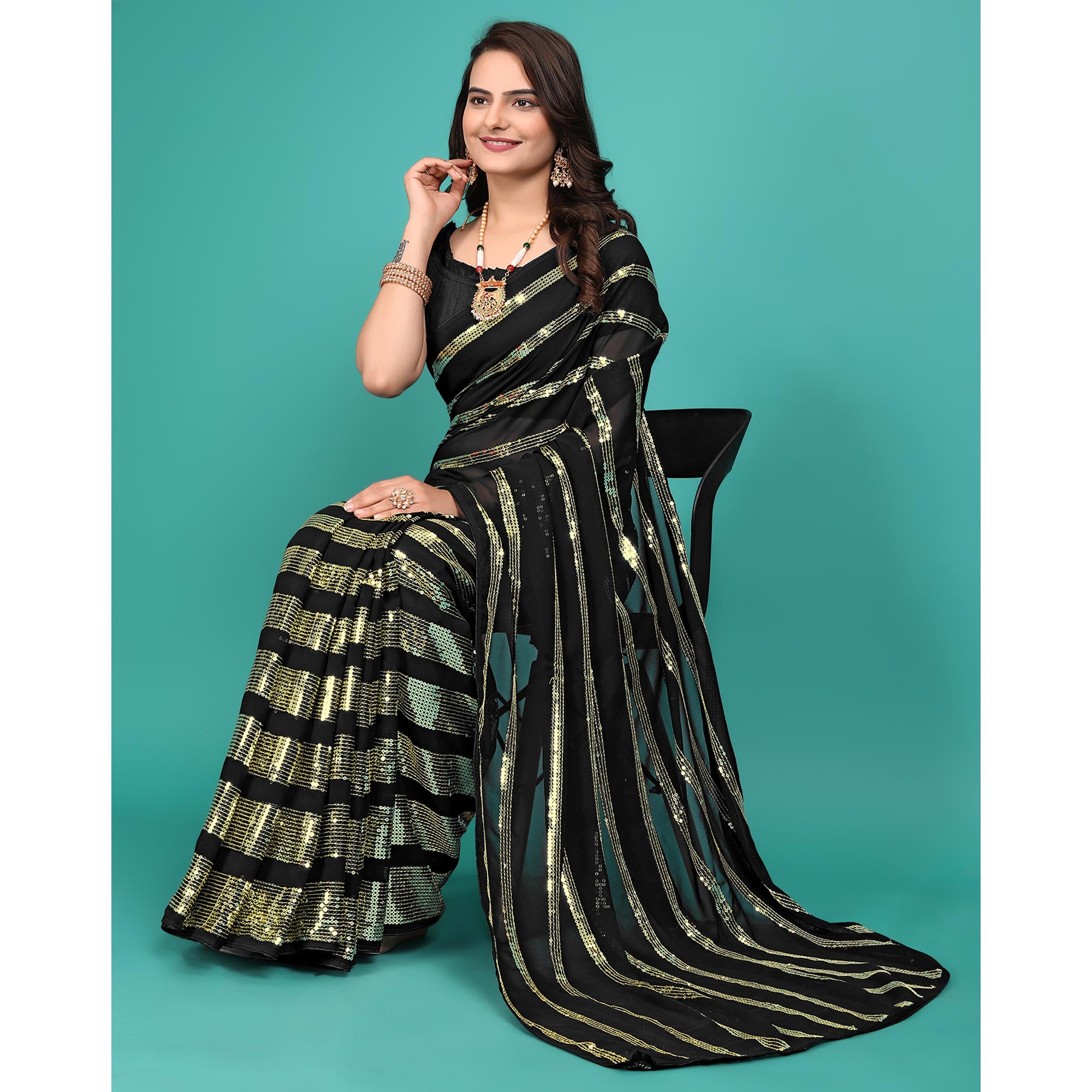Black Sequins Embroidered Georgette Saree