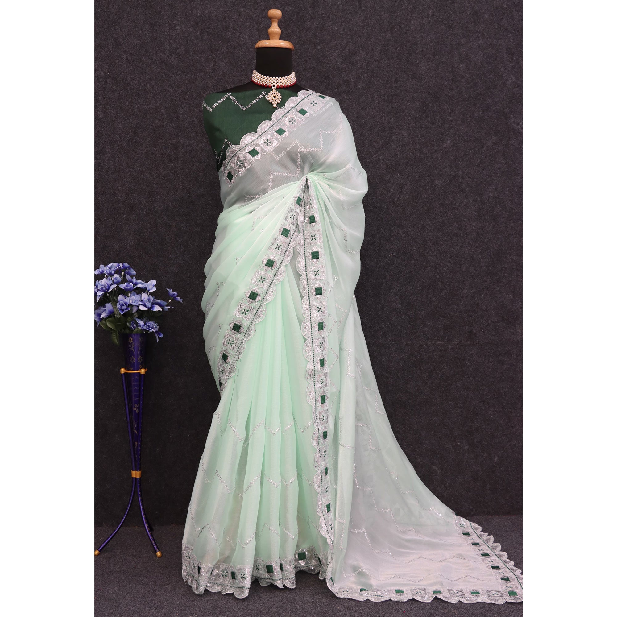 Light Green Sequins Embroidered Chiffon Saree