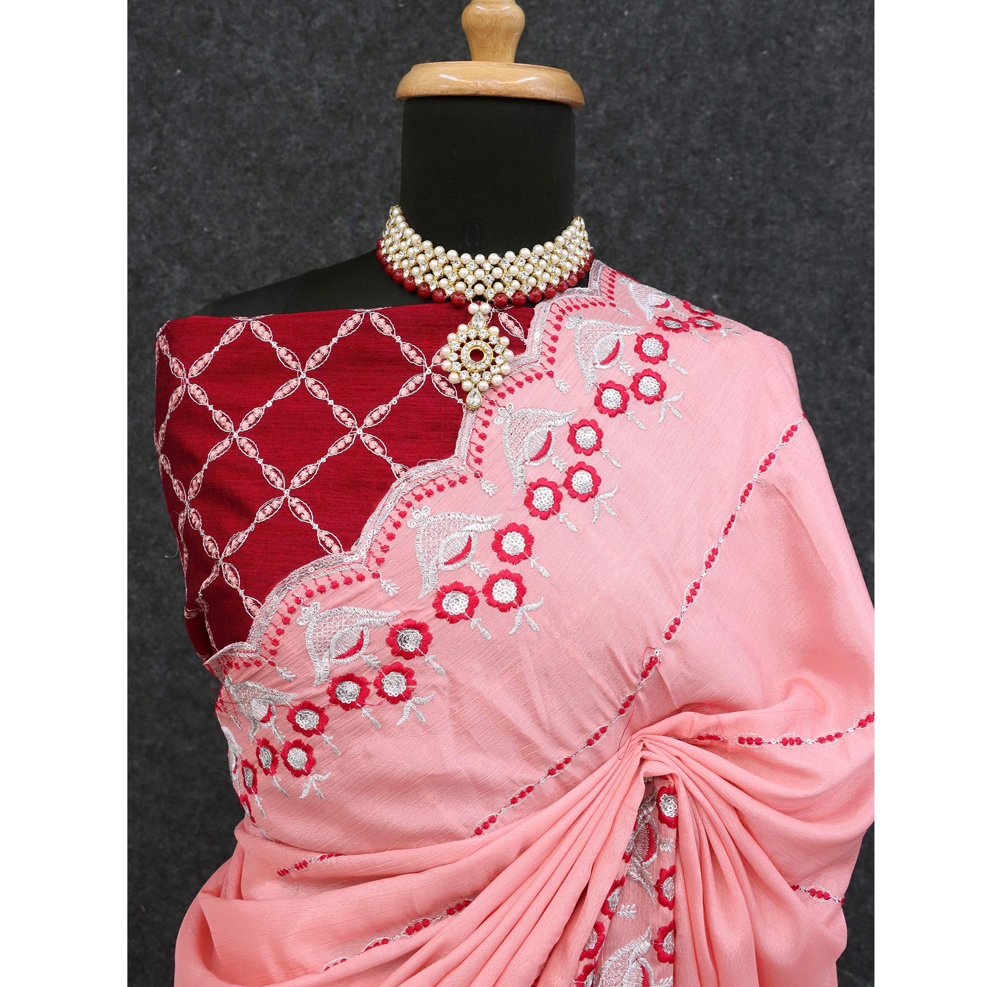 Peach Sequins Embroidered Chinon Saree