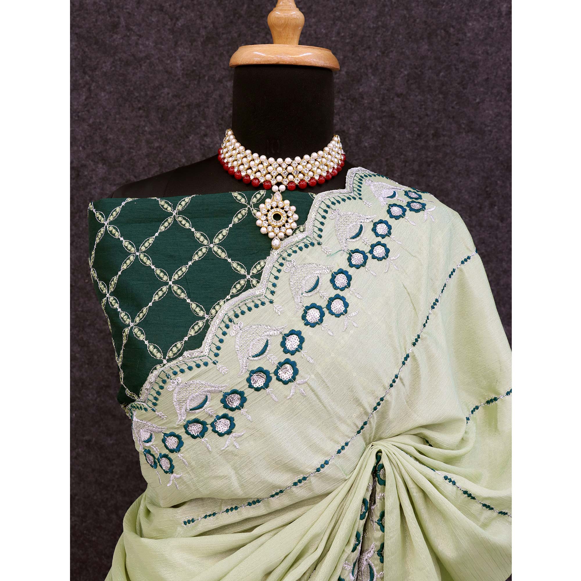 Pista Green Sequins Embroidered Chinon Saree