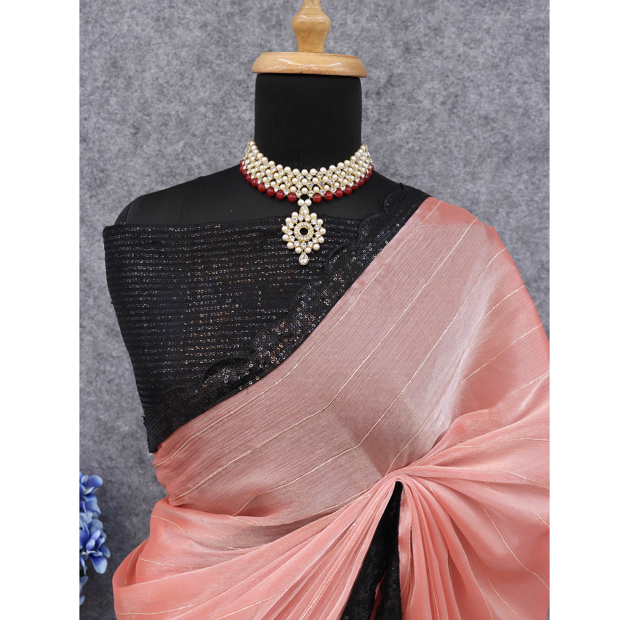 Peach Sequins Embroidered Chiffon Saree