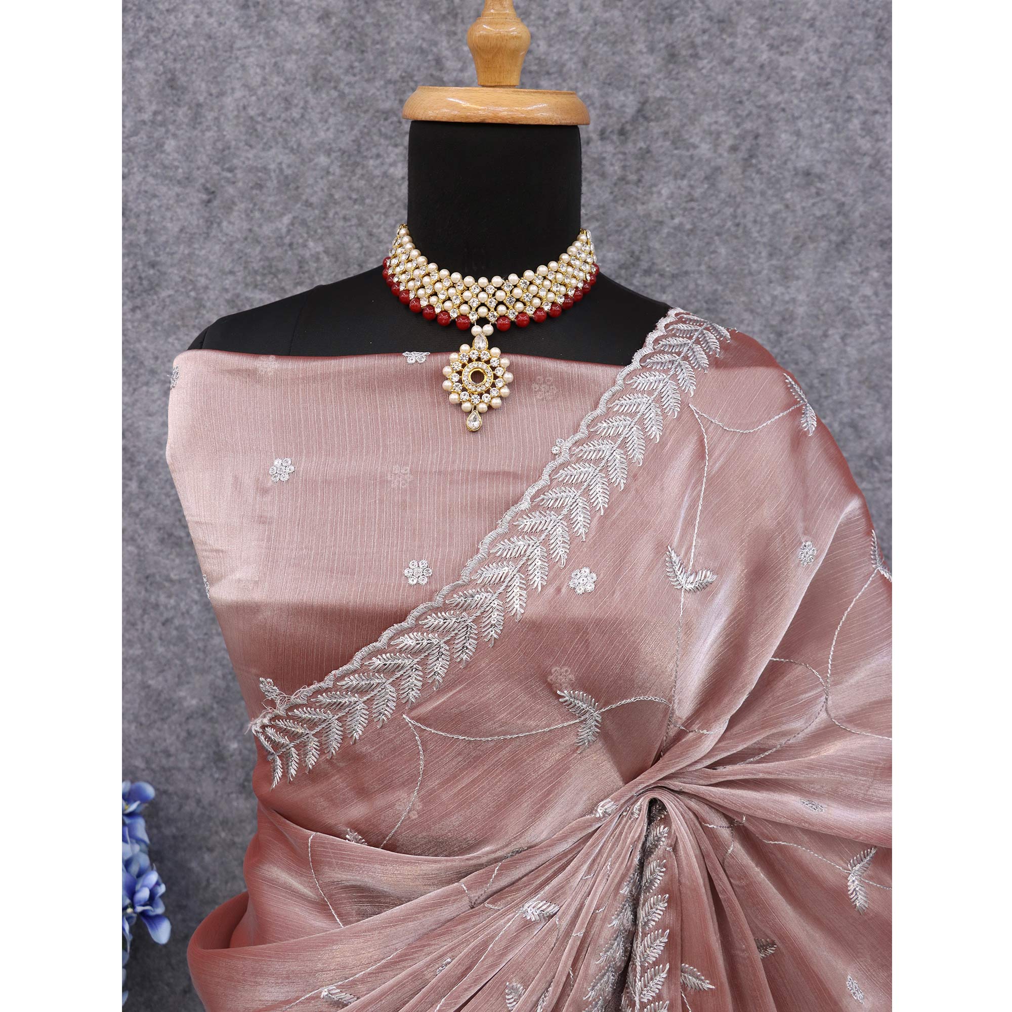 Powder Pink Sequins Embroidered Chiffon Saree