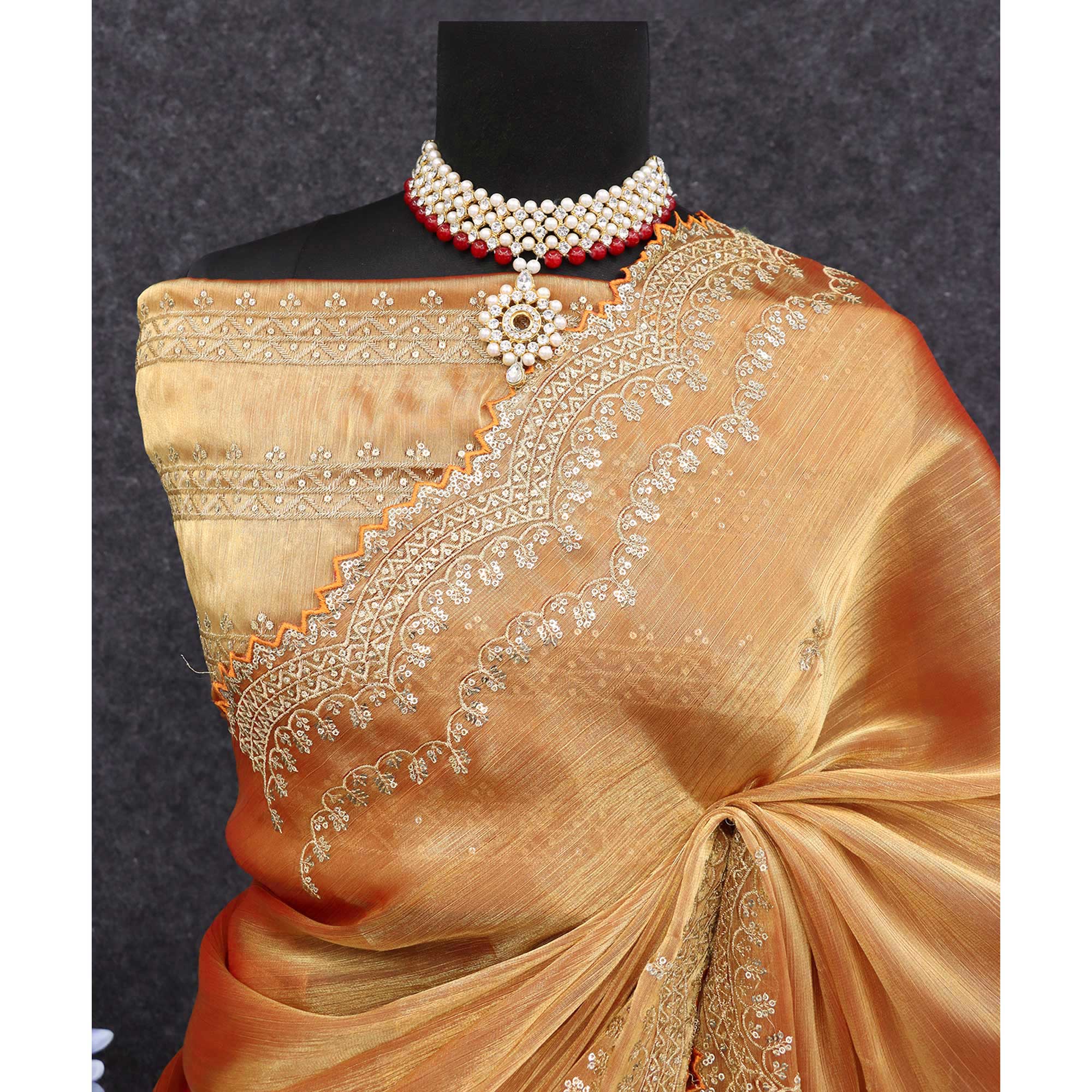 Gold Sequins Embroidered Chiffon Saree