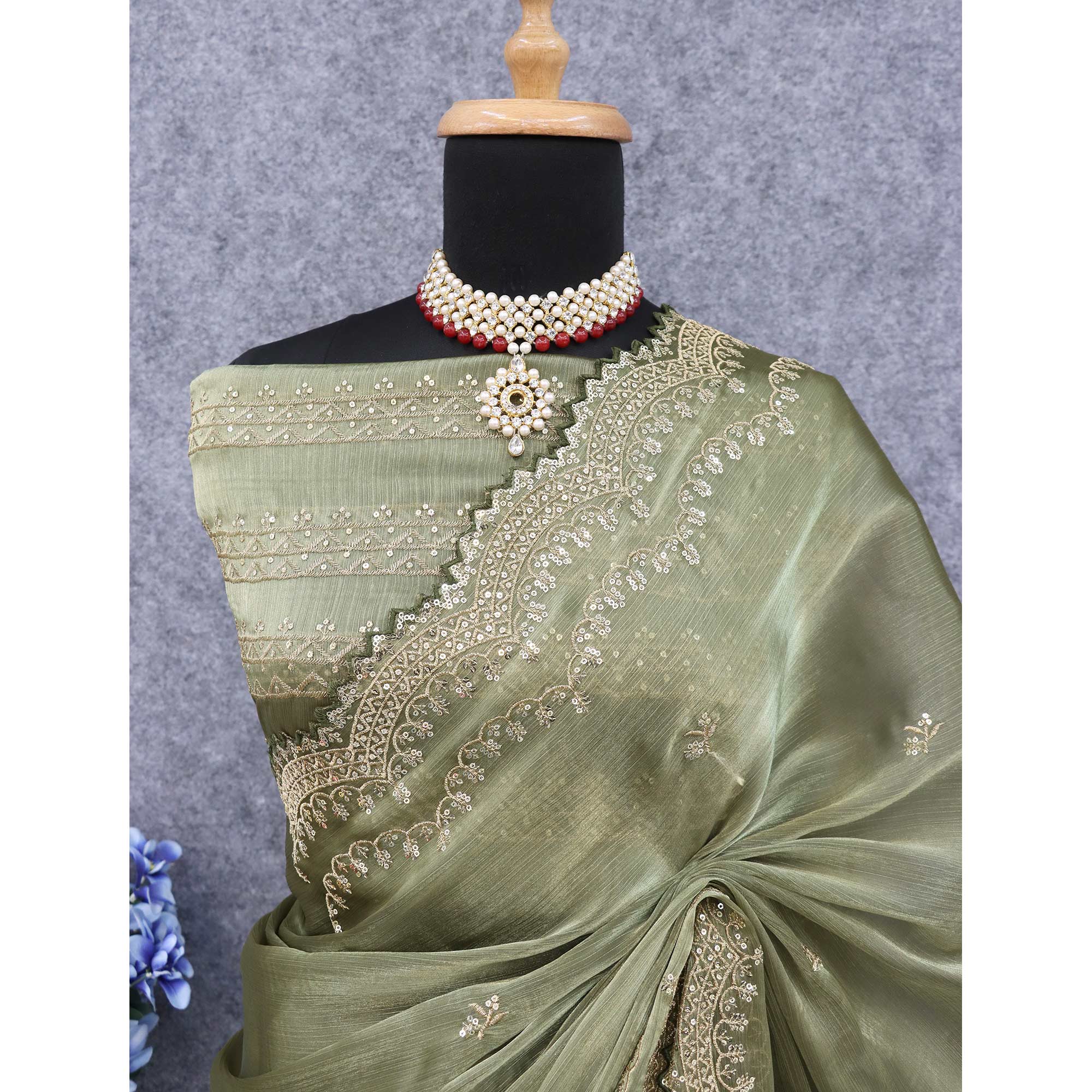 Olive Green Sequins Embroidered Chiffon Saree