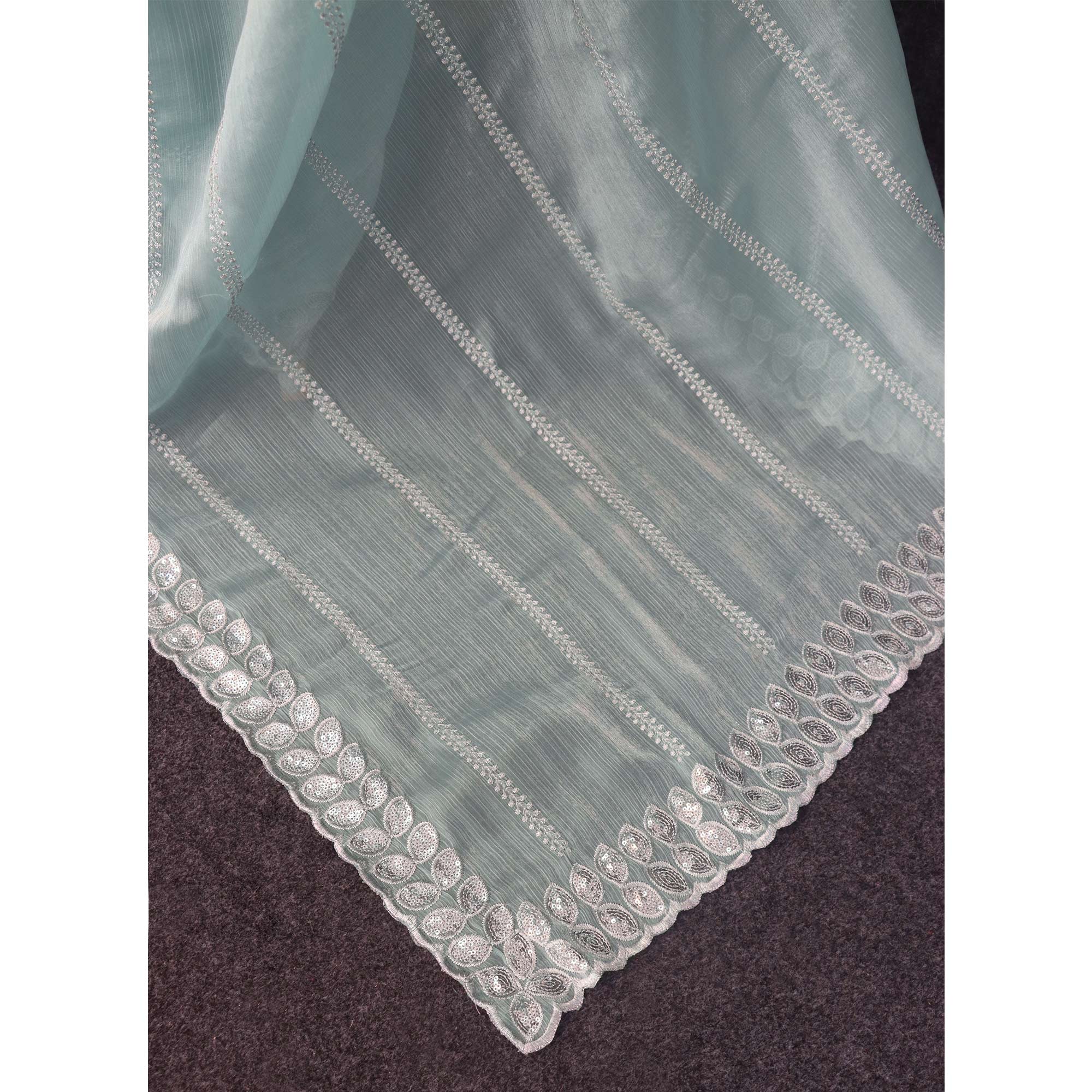 Blue Sequins Embroidered Chiffon Silk Saree